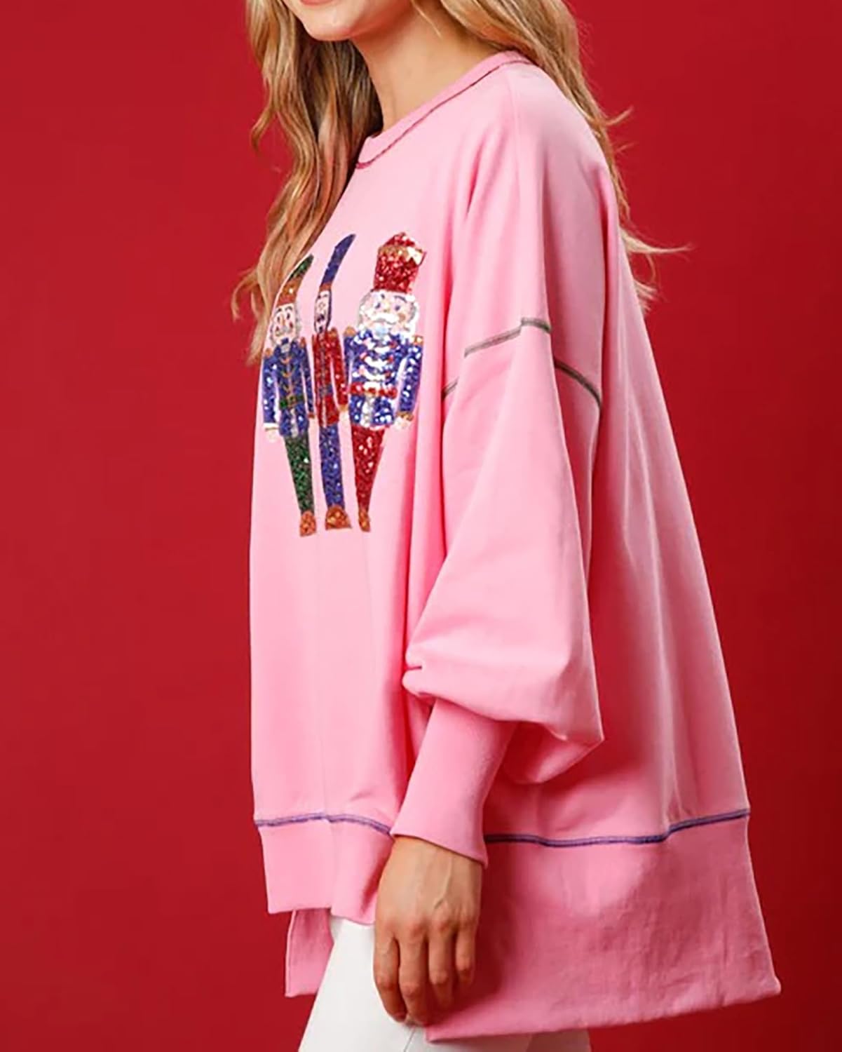 NUFIWI Women Christmas Sequin Graphic Sweatshirts Cute Xmas Santa Oversized Pullovers Funny Holiday Sparkly Tops(Nutcracker Pink,Small) - Image 3