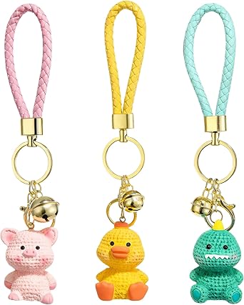 Cute Animal Keychain Set with Braided Strap, Pig Duck Dinosaur Bag Charms with Gold Bell, Smooth Resin Texture, 3 Pack, for Backpack Handbag Purse Car Keys