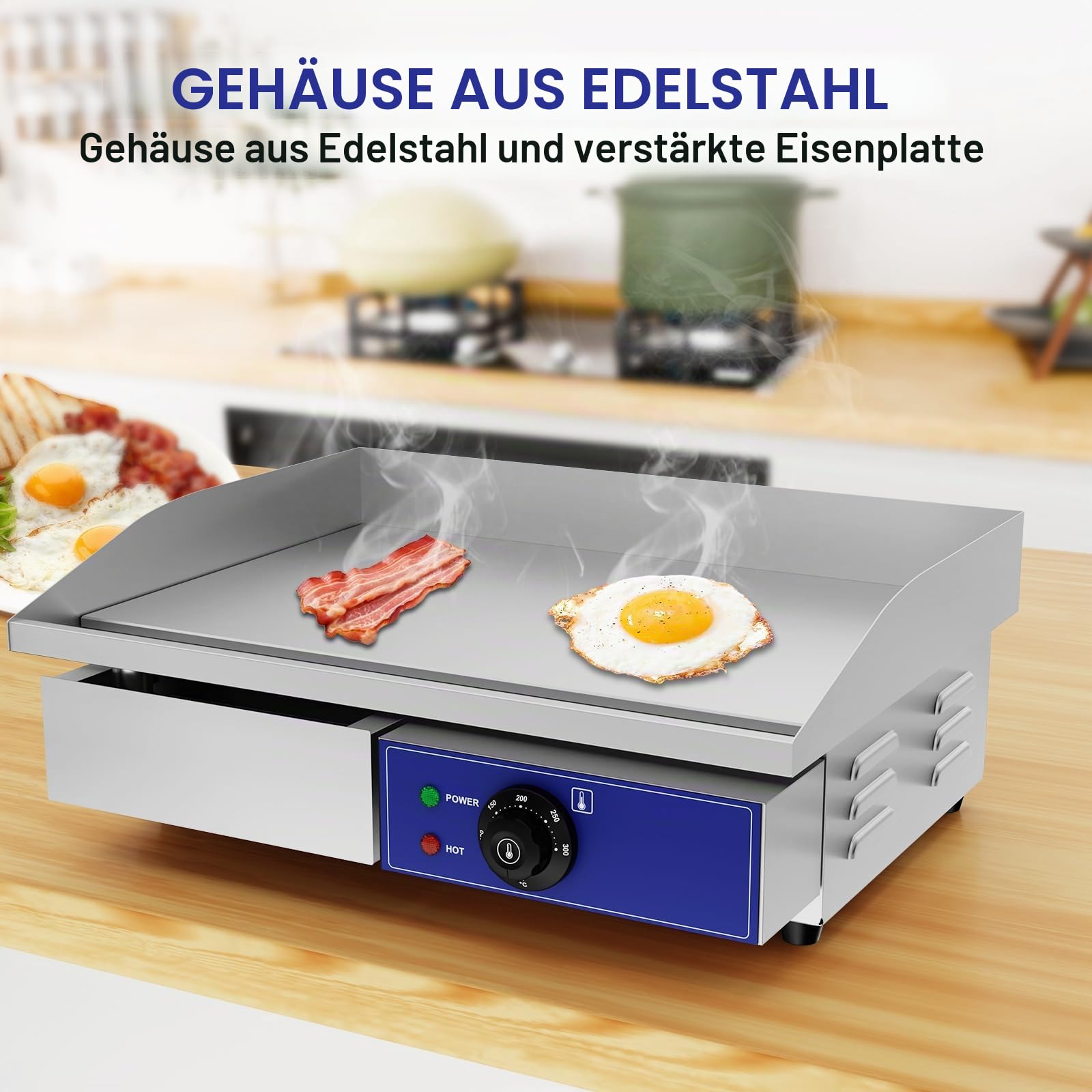 TAIMIKO Elektrische Grillplatte, Professionell, 55 x 35,5 cm, 2 Kochzonen, 3000 W, Kommerziell, Edelstahl, Freistehend, Mit Thermostat Und Abnehmbarer Saftwanne