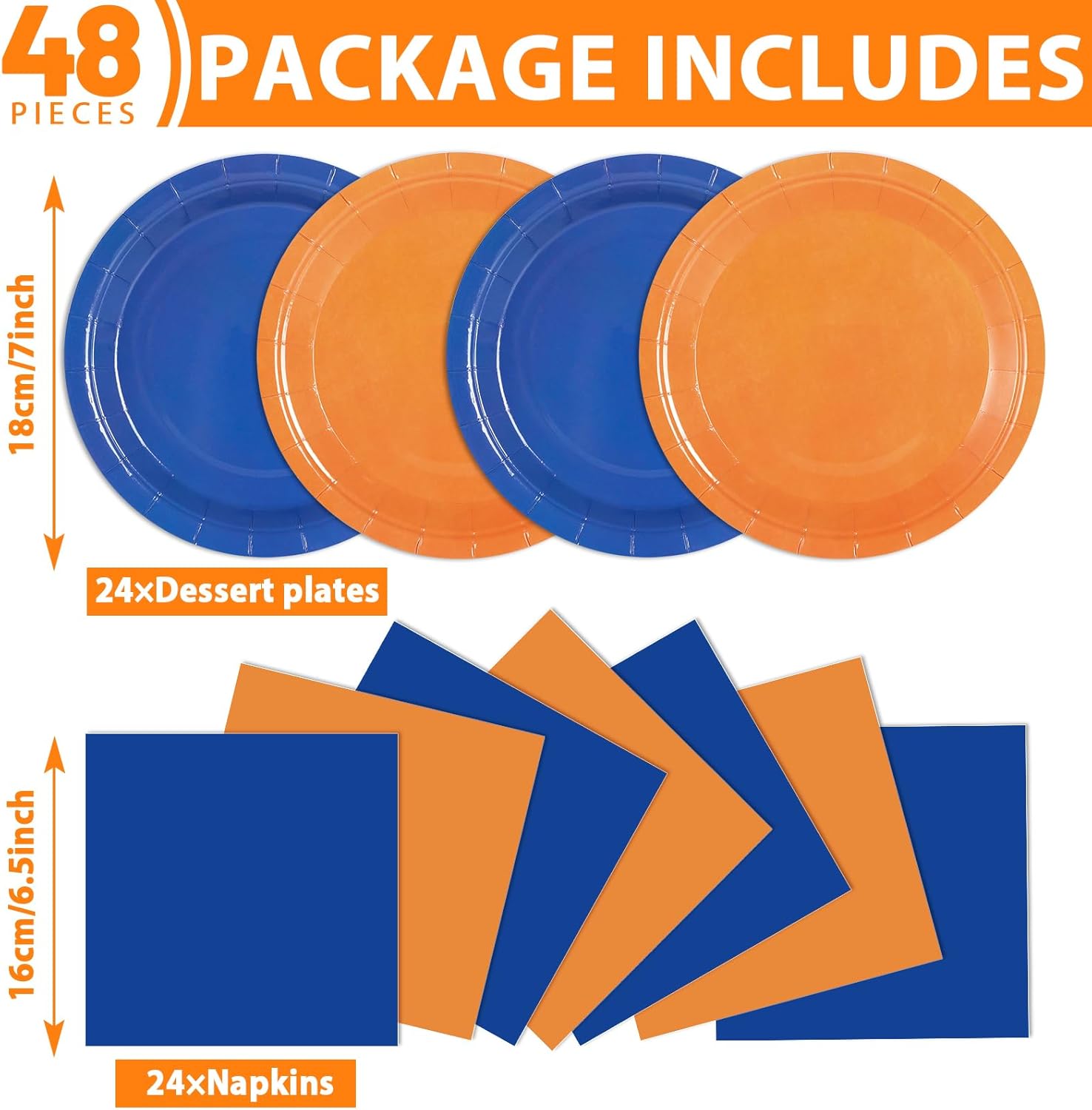 48Pcs Orange and Blue Paper Plates and Napkins Blue and Orange Party Decorations Dart War Birthday Party Supplies Colorful Disposable Tableware for Baby Shower Birthday Boys Girls Graduation Serves 24 - Image 2