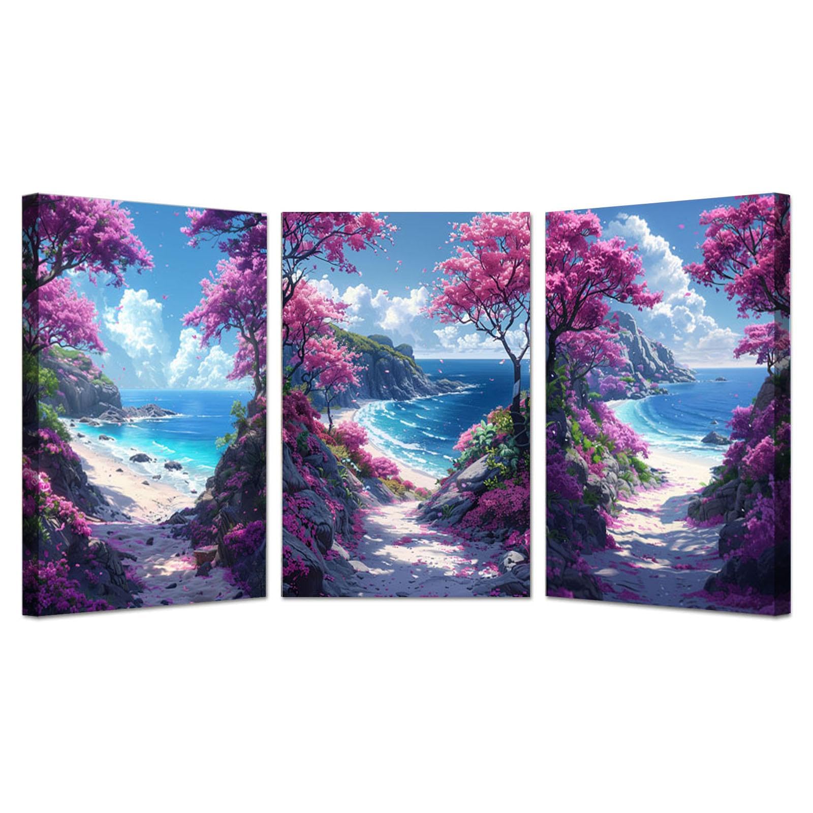 JOSUE 3 Pieces Watercolor Wall Art Print Ocean Tree Canvas Wall Art For Bathroom,Purple,blue Black Woman Portrait Picture For Bedroom Living Room-30x45cmx3 Framed