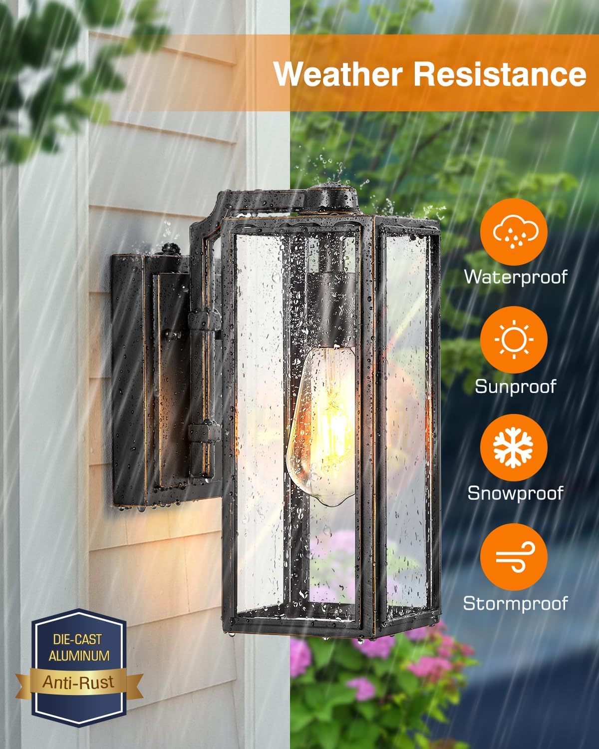 VIANIS Dusk to Dawn Outdoor Wall Lighting, Exterior Waterproof Wall Sconce Light Fixtures, Black Outside Porch Lights with Toughened Glass Shade, Anti-Rust Wall Mount Lantern for Garage 2Pcs
