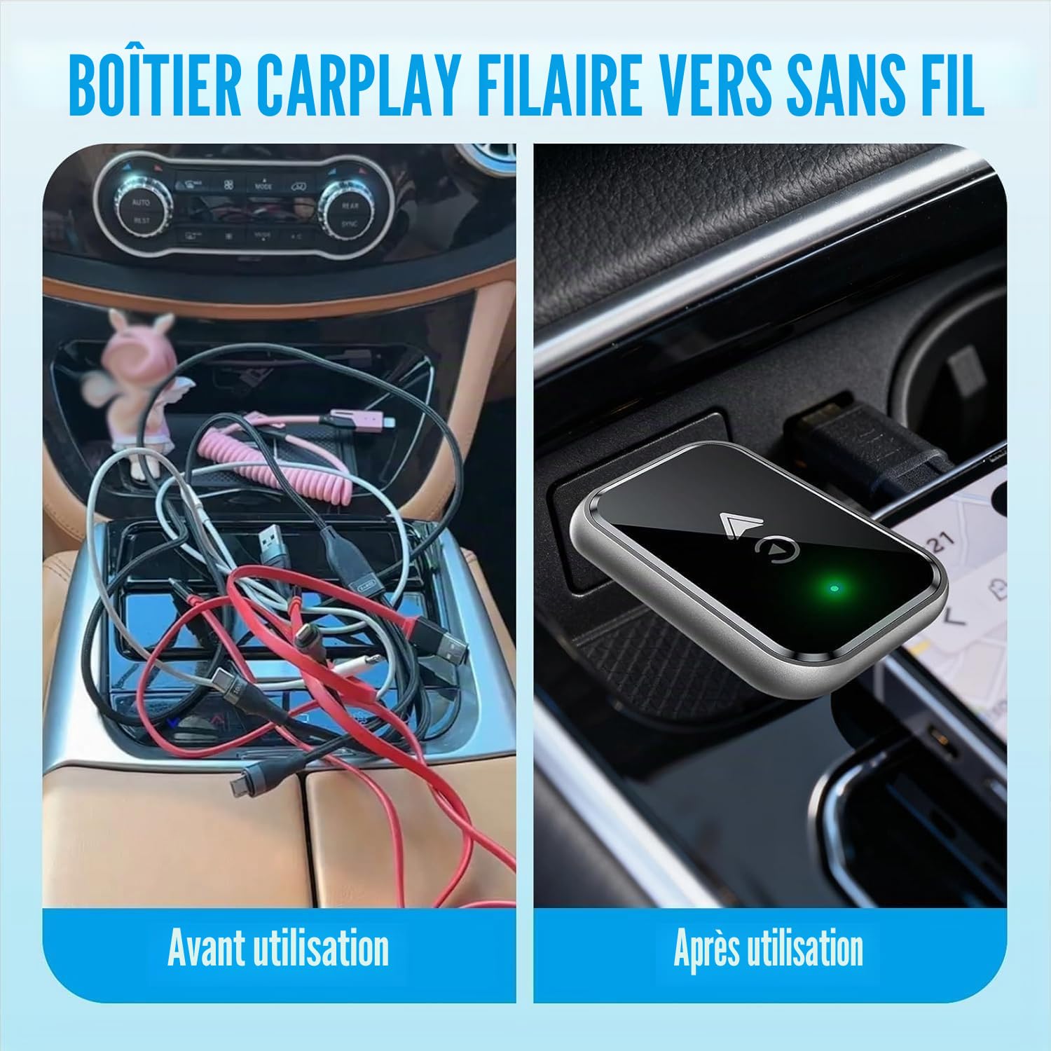 CarPlay sans Fil 2 en 1 pour Apple CarPlay/Android Auto, Mini Adaptateur sans Fil pour iPhone iOS 10+/Android 11+ et Plus de 2016 Voitures, USB/Type-C, Car Play Voiture (‌Noir)