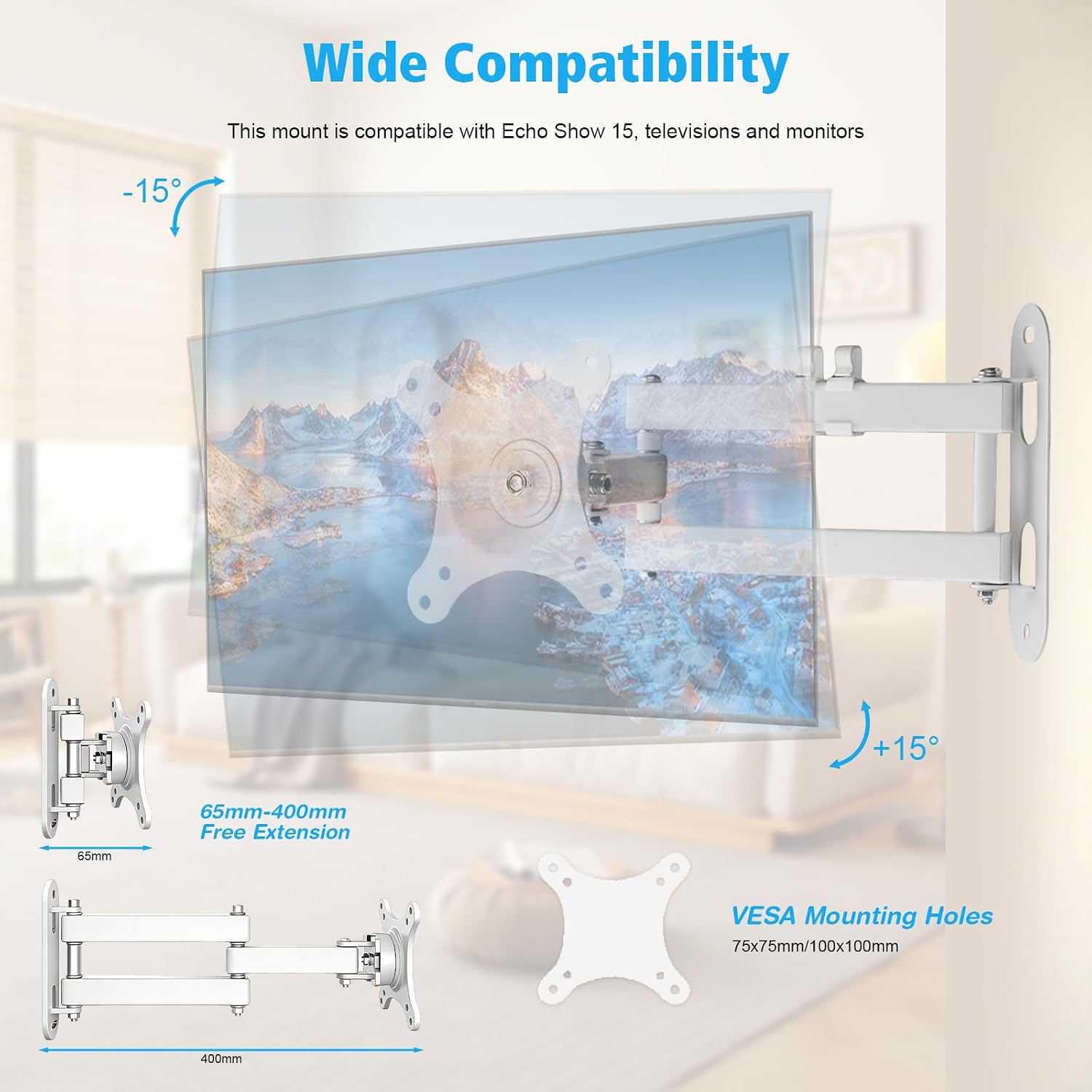 Wall Mount for Show 15, Swivelling and Tilting TV Bracket up to 15 kg, 360° Rotation, Adjustable (3.3 - 16.9 Inches), VESA 75/100 for Kitchen and Living Room, White image 2