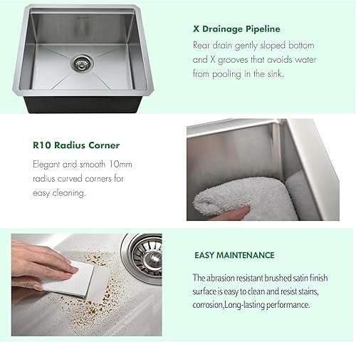 Miniatura 5 de Fregadero de cocina de montaje inferior, fregadero de cocina de 21 x 19 pulgadas, fregadero de cocina de acero inoxidable calibre 16, fregadero de