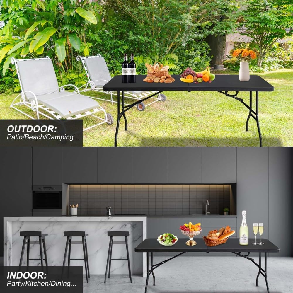 Elountik 6ft Folding Table for Camping, Picnics, Parties - Portable Plastic Foldable Table with High Load Bearing, Black
