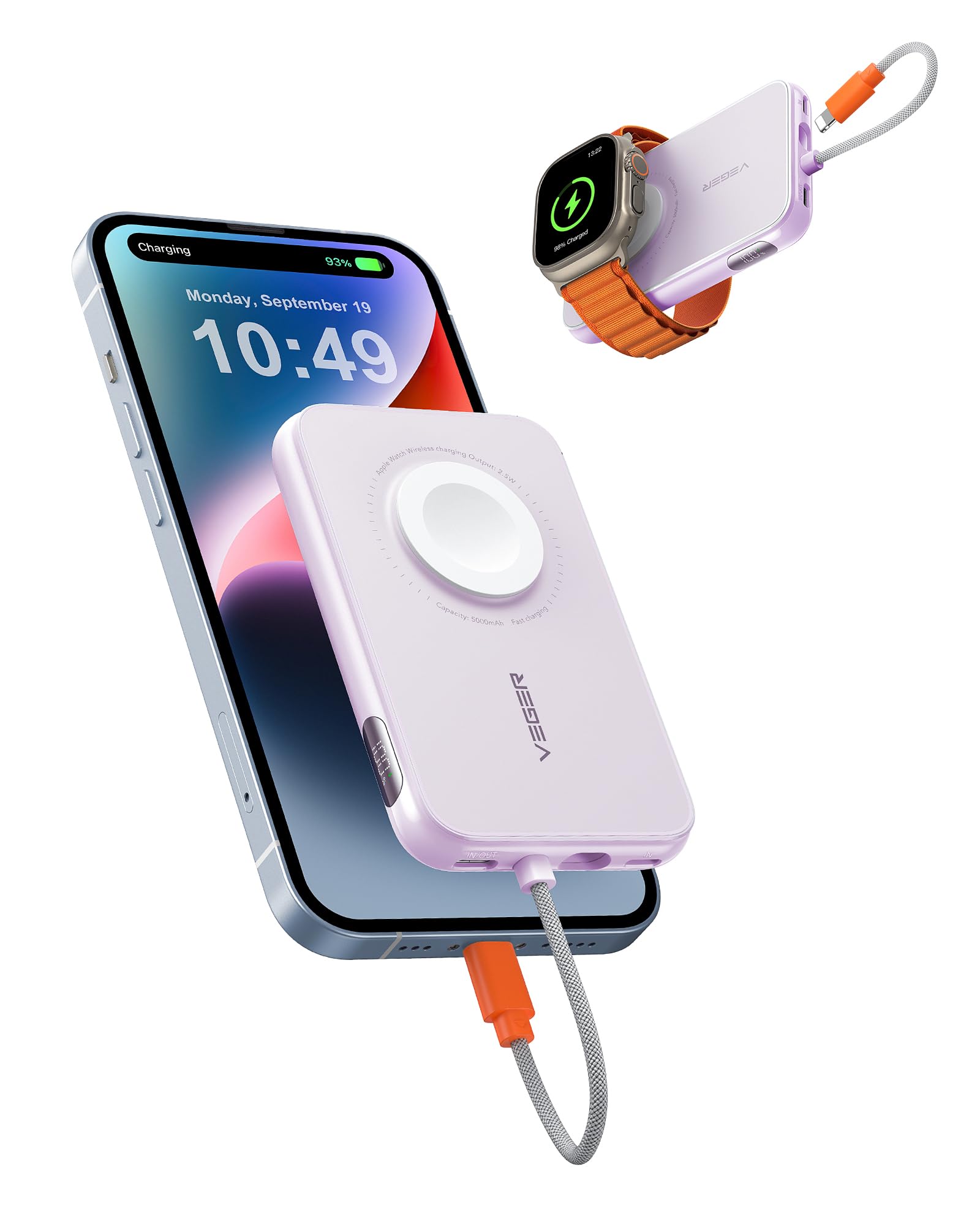 VEGER Power Bank 5000mAh, 20W PD Ricarica Rapida Caricatore Portatile 3 Uscite e 2 Ingressi con LED Display Digitale Batteria Esterna compatibile con iPhone/Android/iPad/Apple Watch