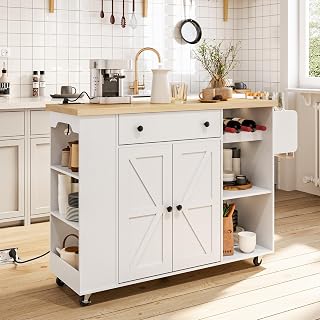 HOOBRO Kitchen Island with Power Outlet, Rolling Kitchen Cart on Wheels, Mobile Storage Islands, White Table Cart with Door Cabinet, Wine Rack and Spice Rack, White and Natural WN16UZD01