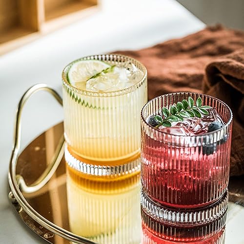 Miniatura 8 de Juego de vasos de vidrio acanalado, juego de cristalería vintage de 13 onzas, 4 piezas de cristalería premium, elegante juego de cristalería mixta,