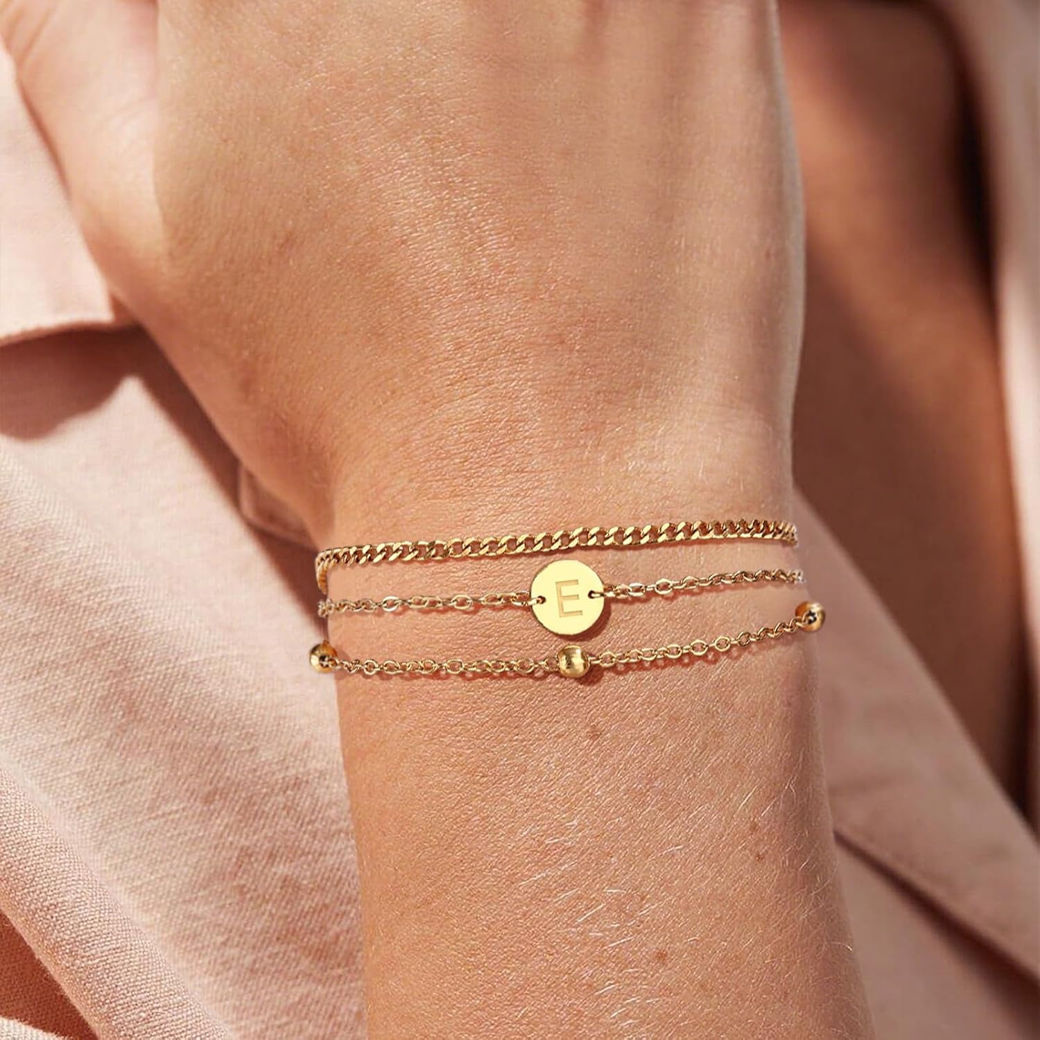 Valentines Day Gifts - A to Z Layered Initial Bracelets for Women - 18K Gold Plated on Stainless Steel Letter Charm Bracelet - Gold Jewelry Gifts for Birthday Christmas - Image 4