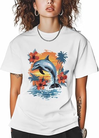 Women T-Shirt,Crewneck Tee Sea Dolphin Sunset Flower Short Sleeve Casual T Shirts