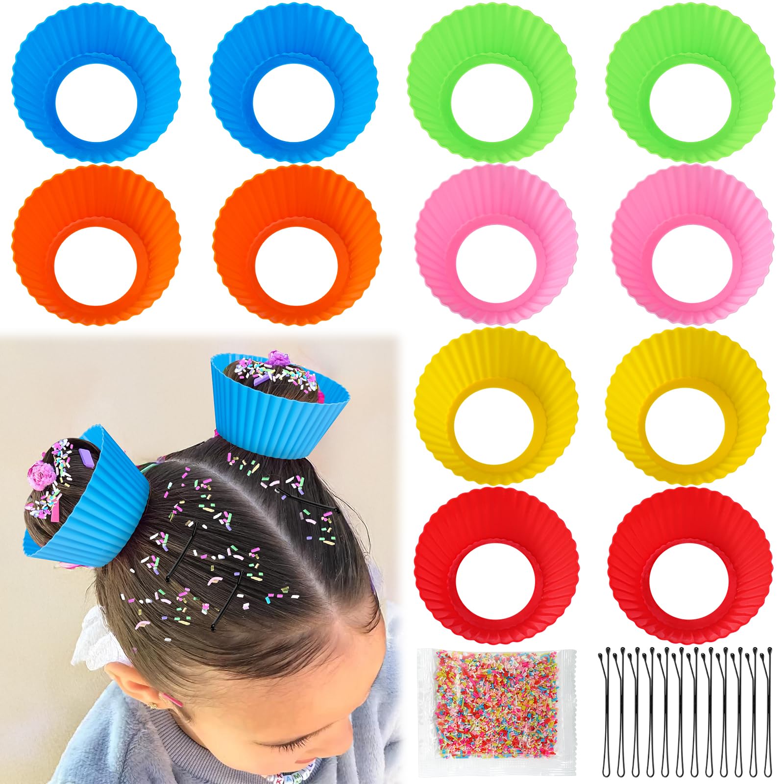 XANGNIER Hair Accessories Kits for Girls,Women,Kids,12 Pcs Cupcake Liners Hair Accessories Decorations for Crazy Day with 12 Clips and Silicone