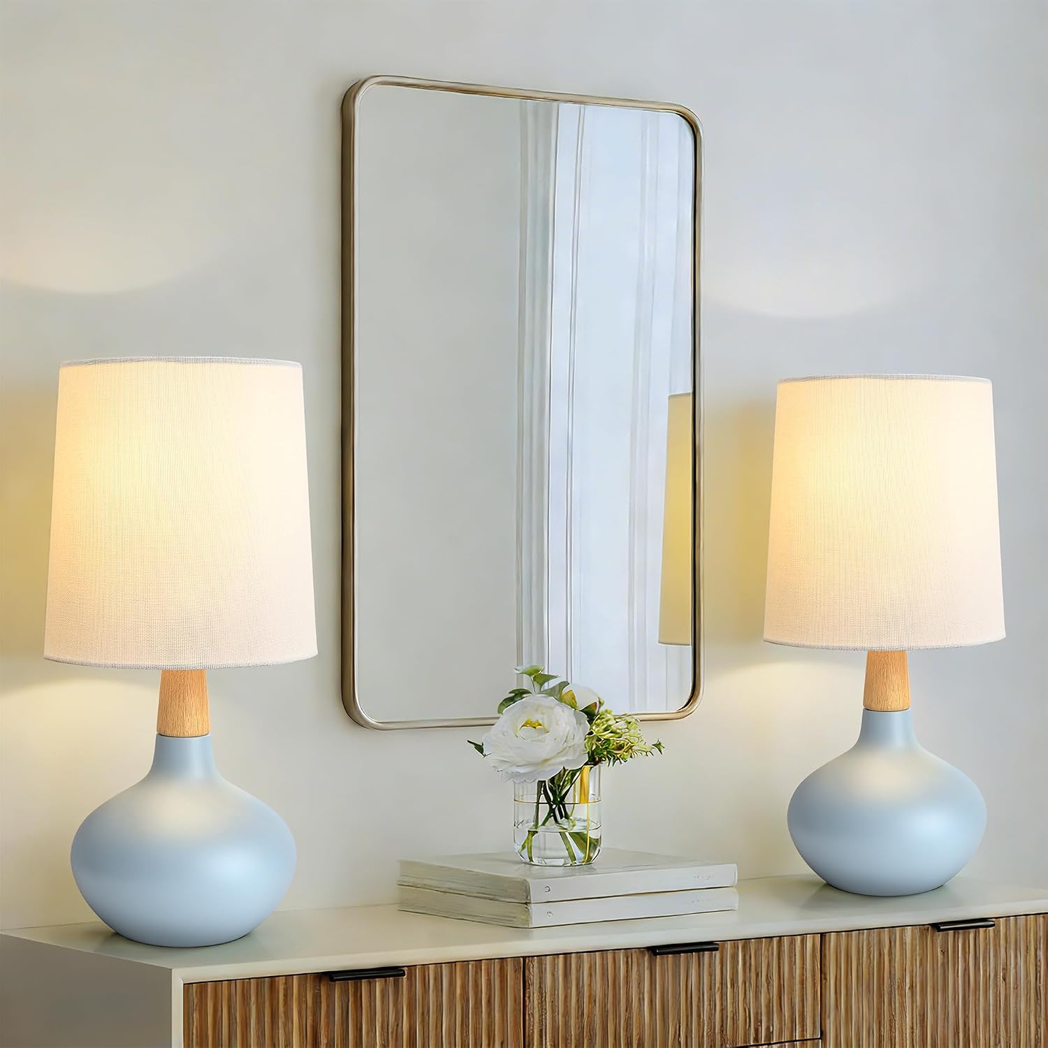 14" Ceramic Table Lamp Set of 2, Small Bedside Lamp with Natural Wood Stem & Linen Shade，Modern Farmhouse Night Lamp for Bedroom Living Room Home Decor (Blue)