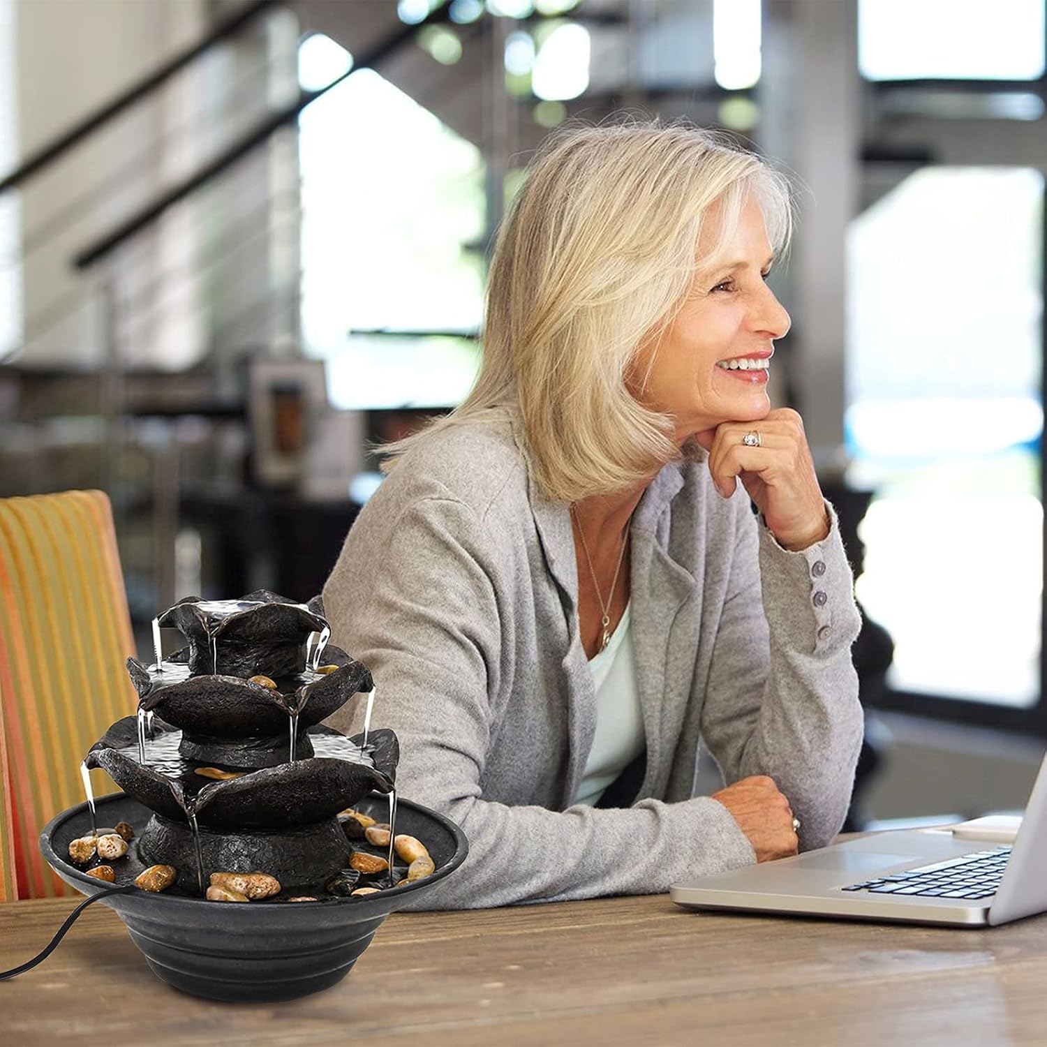 AOC Tabletop Fountain with LED Lights Waterfall Fountain Indoor, Relaxation Desk Fountain, Mini Water Fountain for Living Room Bedroom (Includes Natural River Rocks) : Home & Kitchen