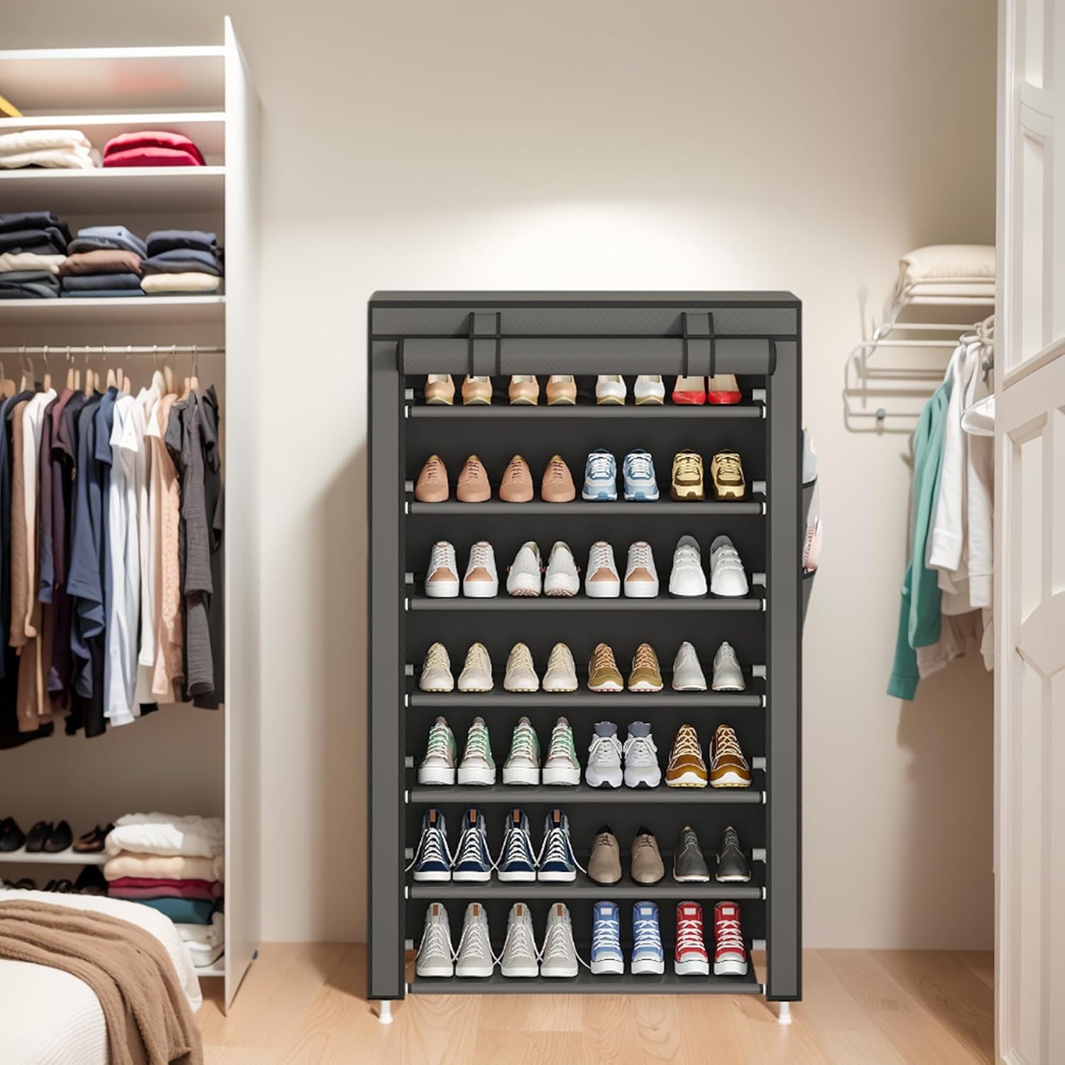 laiensia 7-tier vertical shoe rack organizer, space saving shoe storage organizer, non-woven cover shoe shelf holds 28-35 pairs for bedroom, hallway, closet entryway, grey 7-tier grey