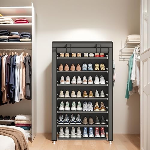 Miniatura 2 de Laiensia Organizador vertical de zapatos de 7 niveles, organizador de almacenamiento de zapatos que ahorra espacio, estante de zapatos de cubierta