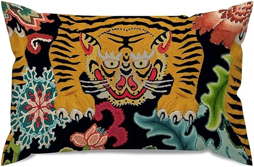 Miniatura 6 de ArogGeld Fundas de almohada lumbar con estampado de animales de flores coloridas, diseño de tigre, diseño de rayas de tigre, de lino blanco, funda