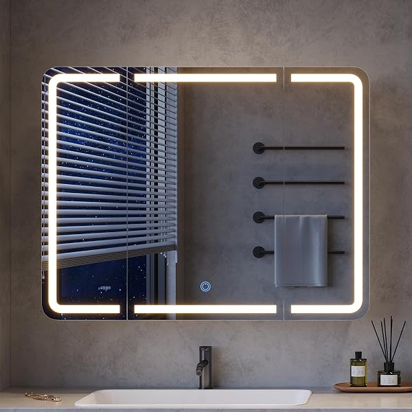 3-türiger Spiegelschrank Bad mit 360° Rundumsicht – 80 cm breit, +5 cm Überstand, LED Touch-Sensor, 3 Lichtfarben, dimmbar & integrierte Ladestation (2 USB + 2 Steckdosen) - 1