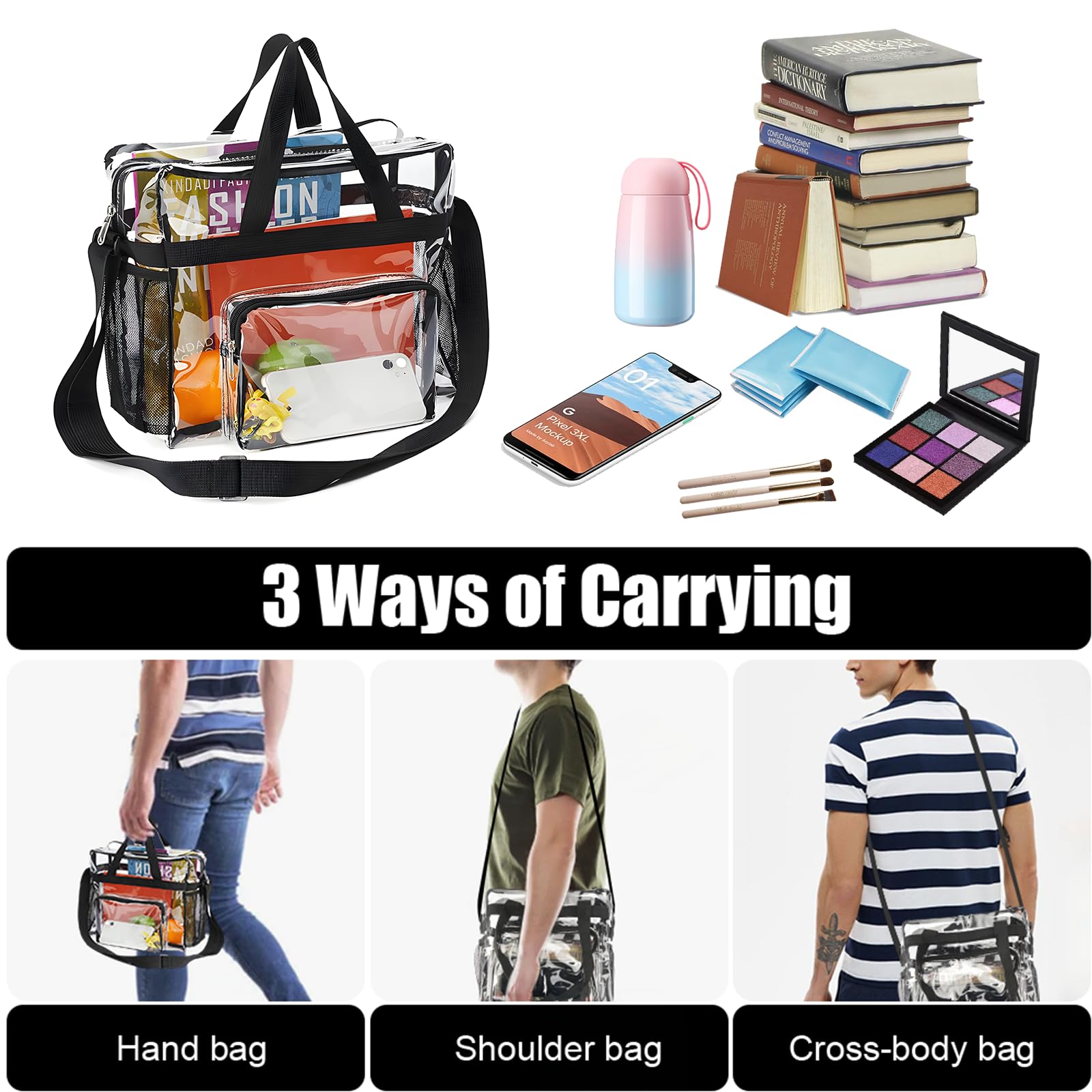 Bolso Transparente Mujer, PVC Bolso Bolsa Viaje Accesorios | Impermeable Bolsas Transparentes para Estadios con Bolsillos para El Trabajo, Juegos Deportivos y Conciertos