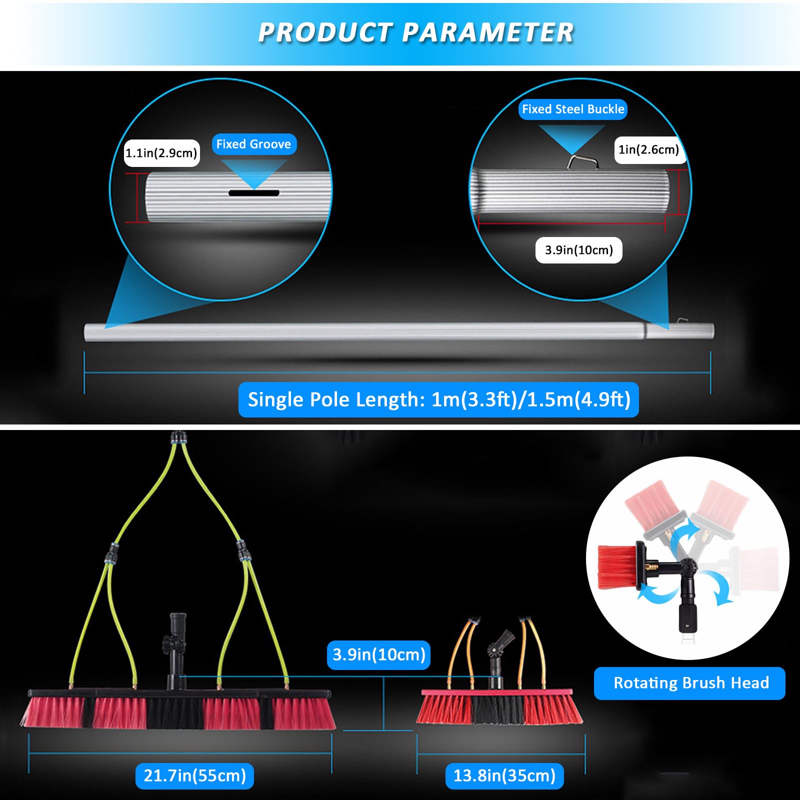 Kit de pértiga con Suministro de Agua: Cepillo telescópico Extensible con Cabezal Giratorio para la Limpieza de Ventanas Altas y Paneles solares limpie