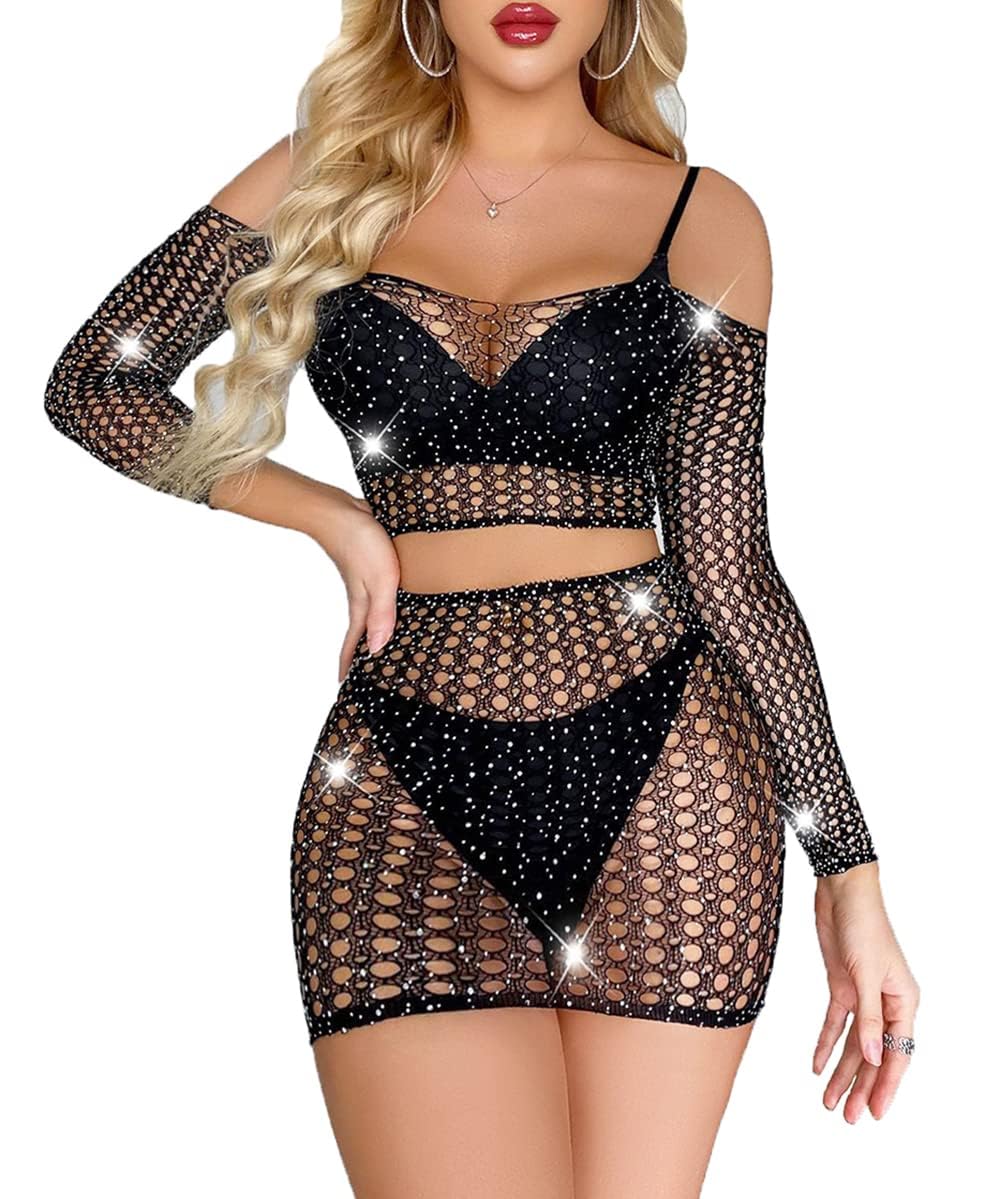 ssoshhub Sexy Lingerie for Women Naughty Deep V Neck Teddy Babydoll Mesh Nightwear for Women Mesh Badydoll Fishnets Dresses See Through Lingerie Chemise Outfits Rhinestone-picture-20