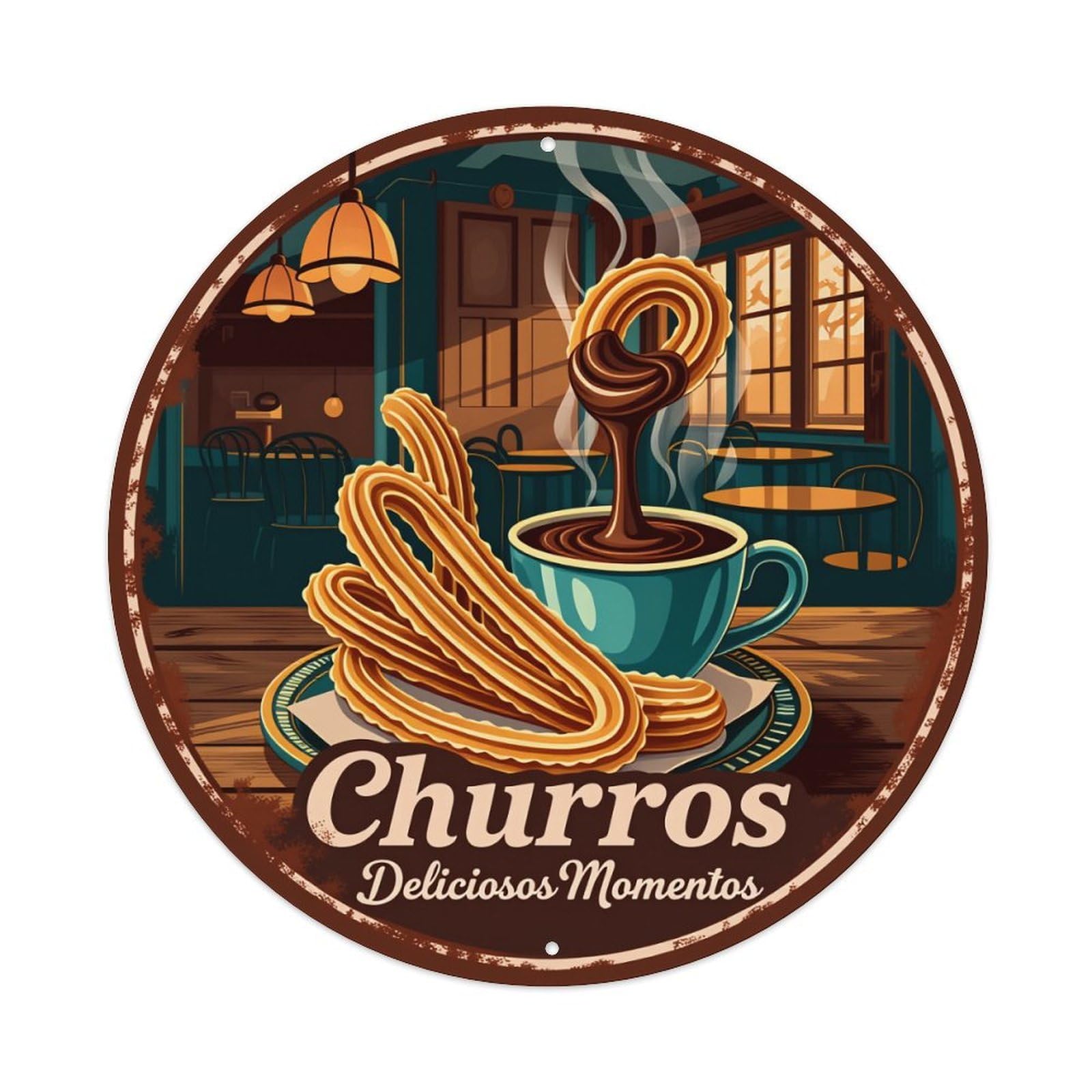 Churros Coffee Steam Cafe Warm Vintage Metal Tin Sign Retro Wall Decor for Home Bar Garage Cafe, Indoor & Outdoor Decorative，circle Metal Poster, 8x8 Inch