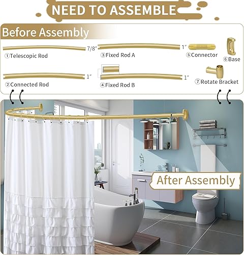 Miniatura 4 de YNL Barra de cortina de ducha curvada de 35 a 82 pulgadas (2.9 a 6.8 pies), barra de ducha redonda dorada a prueba de óxido para bañera, barra de