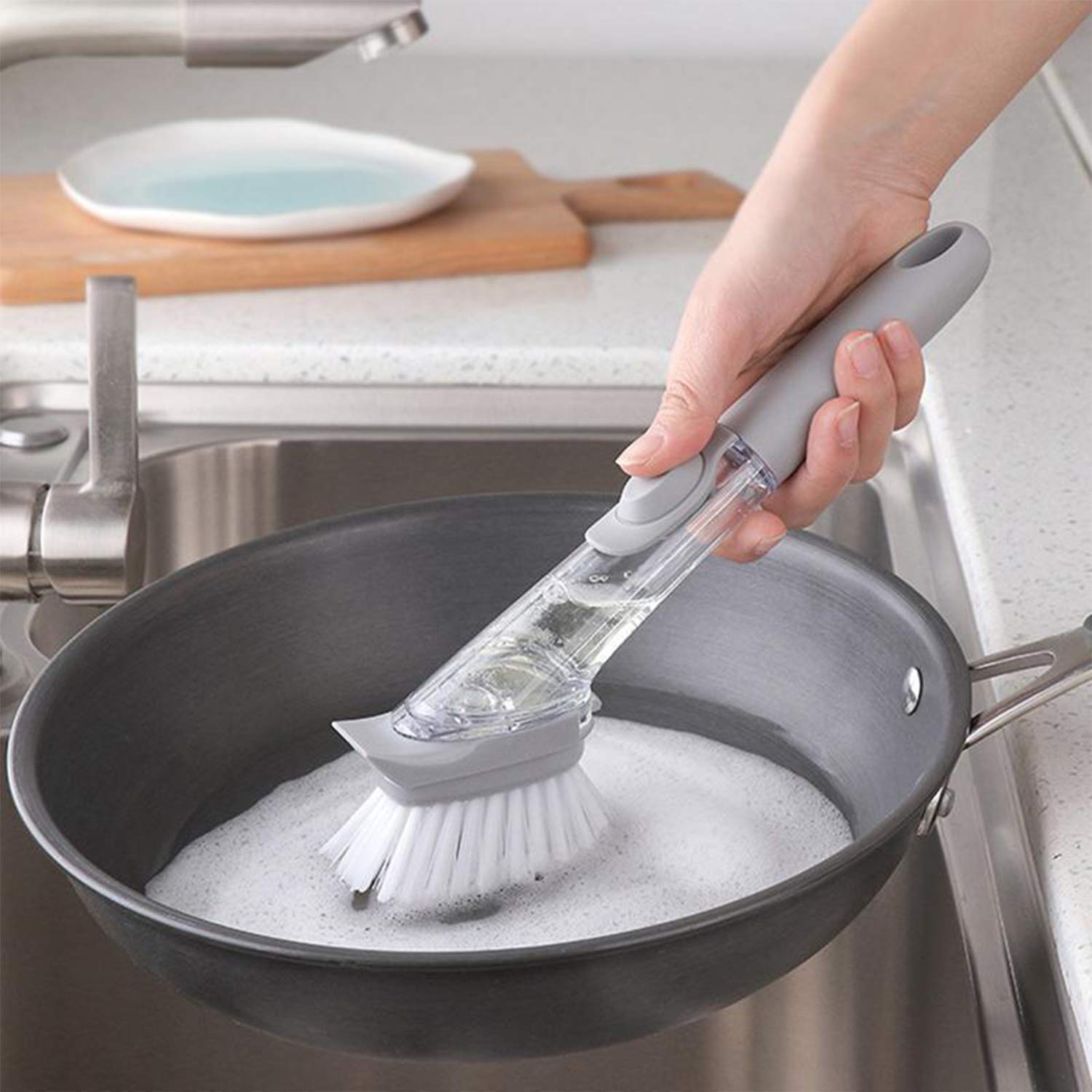 Utensils Plastic Cleaning Brush with Liquid Dispenser,Dishwasher with Handle,Dish Washing,for Utensil Cleaning (Pack of 1)-image-0