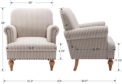 Miniatura 2 de DM-Furnitue - Sillón ancho moderno de lino, cómoda silla de lectura, silla tapizada, sofá individual para dormitoriosala de estar, beige con rayas