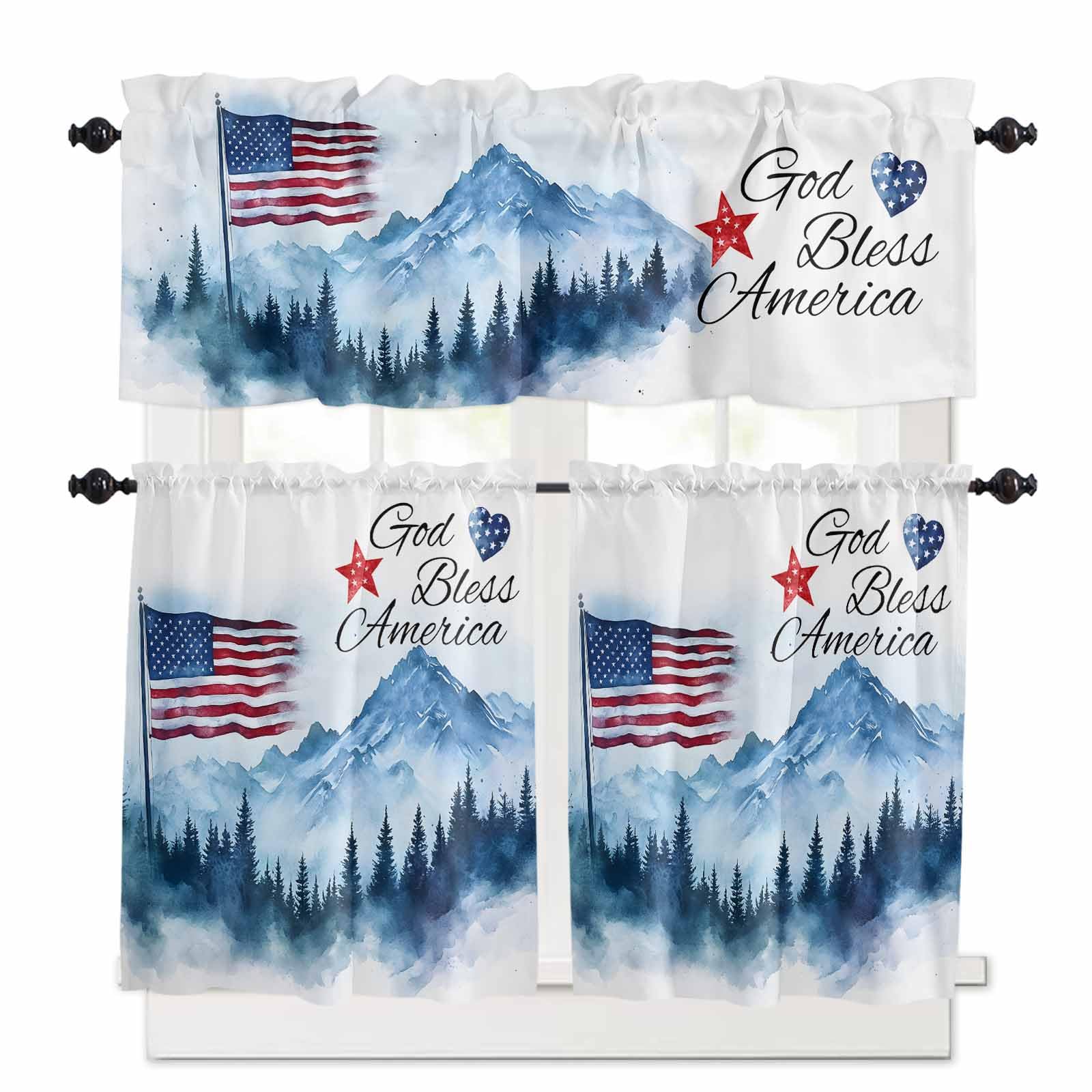 4th of July American Flag Kitchen Curtains 24 Inch Length, 3 Piece Rod Pocket Small Half Tiers and Valance Set, Independence Day Forest Small Large Window Treatment Decor for Bedroom/Bathroom Sink