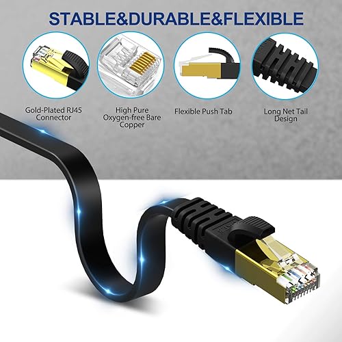 Miniatura 4 de KASIMO Cable Ethernet plano Cat 8 de 6 pies, cable de red LAN de Internet plano de alta velocidad Cat8 de 40 Gbps 2000 MHz SSTP con conector RJ45