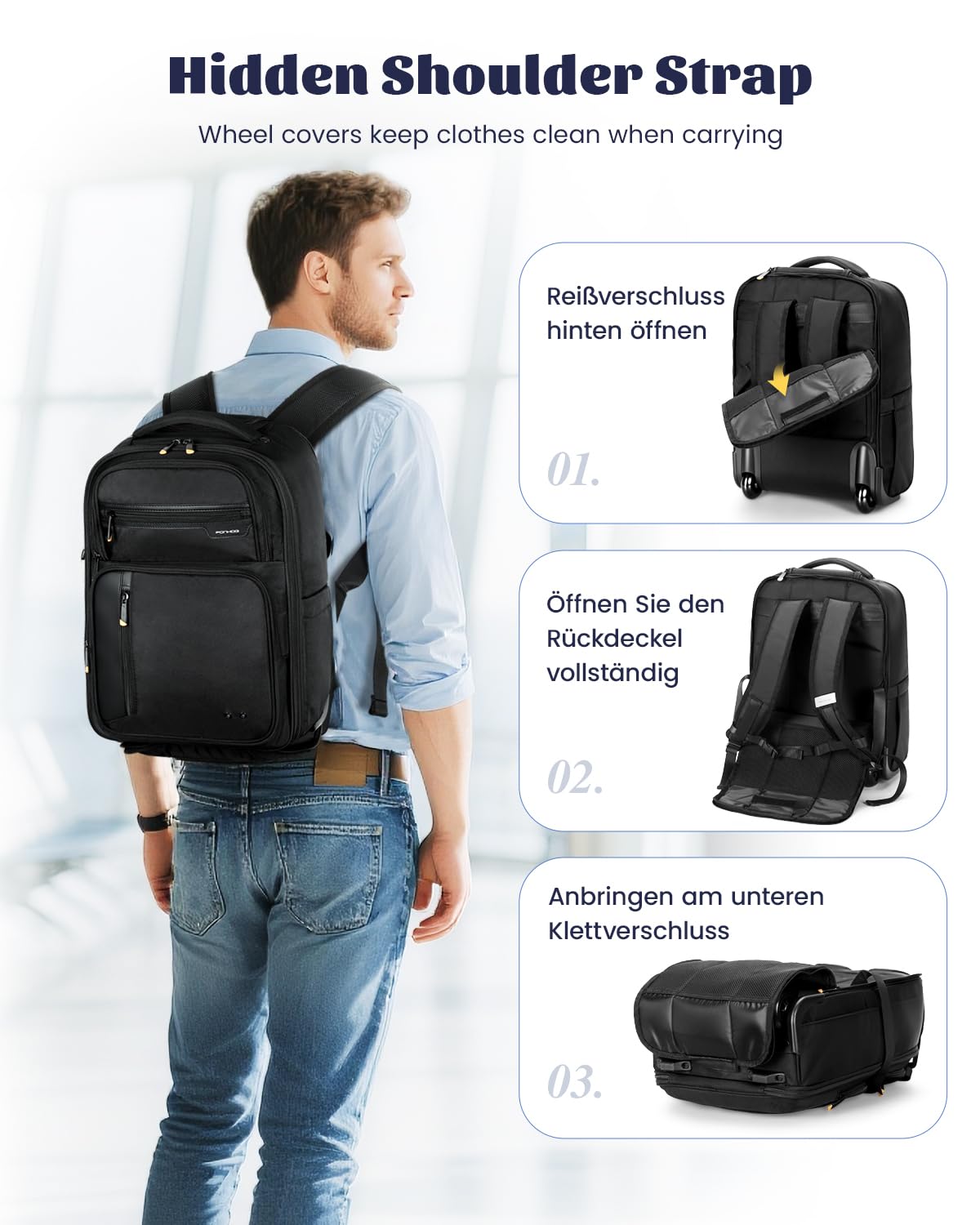 Ponhog Rucksack mit Rollen, Business Rucksack Trolley Handgepäck Flugzeug Reiserucksack Laptop Rücksack mit 15 Zoll Laptopfach Backpack für Uni, Arbeit, Schwarz