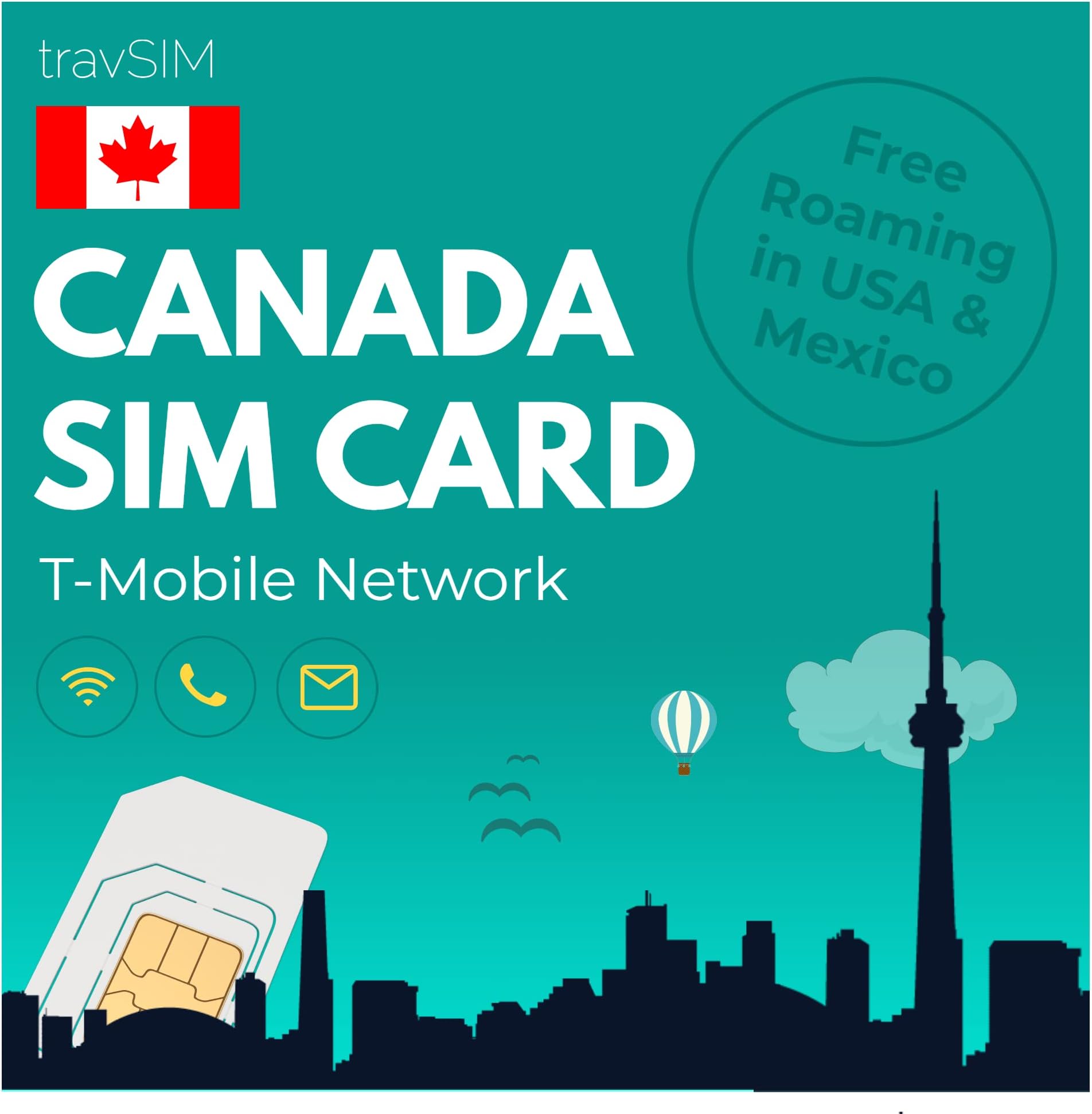 travSIM Canada SIM Card | Uses the T-Mobile Network | 5GB mobile data | Free roaming USA & Mexico | Canada SIM Card has unlimited national calls & texts | SIM Card Canada 14 days