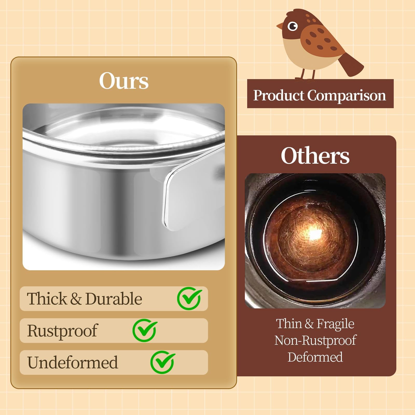 Bird Cage Feeder, Bird Feeder for Cage, 2 Pcs 10oz Stainless Steel Food Water Bowls with Clamp, Hanging Coop Cups for Parrot Cockatiel Hamster Rabbit Rat Small Animals - image 6