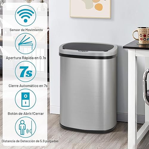 Miniatura 3 de Basurero Dkeli para cocina baño dormitorio hogar oficina automática sin tacto de alta capacidad con tapa acero inoxidable cepillado con acero