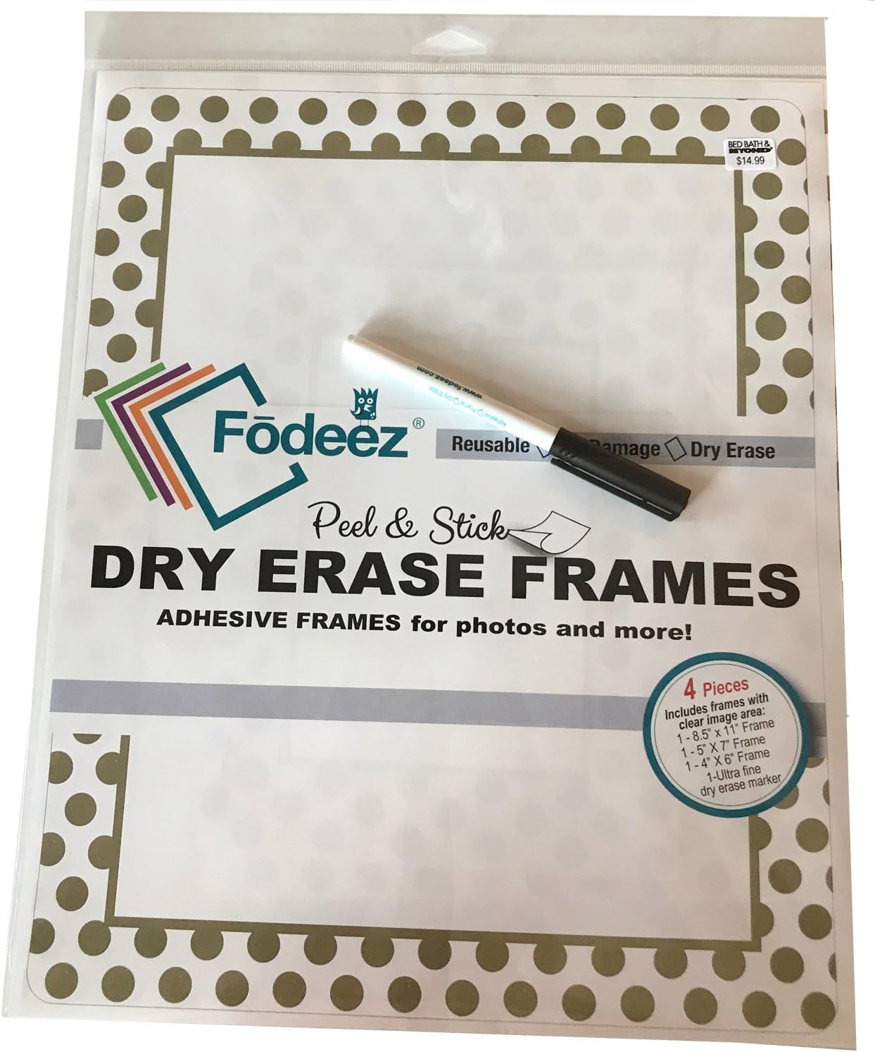 Frames Peel & Stick Reusable Adhesive Frames/Dry Erase Boards for Non-Magnetic Refrigerators, Solid Wood, Smooth Walls, etc. with marker, 8.5" x 11", Gold Polka Dots, Pack of 4 (F-A-04-DOT-GOLD)