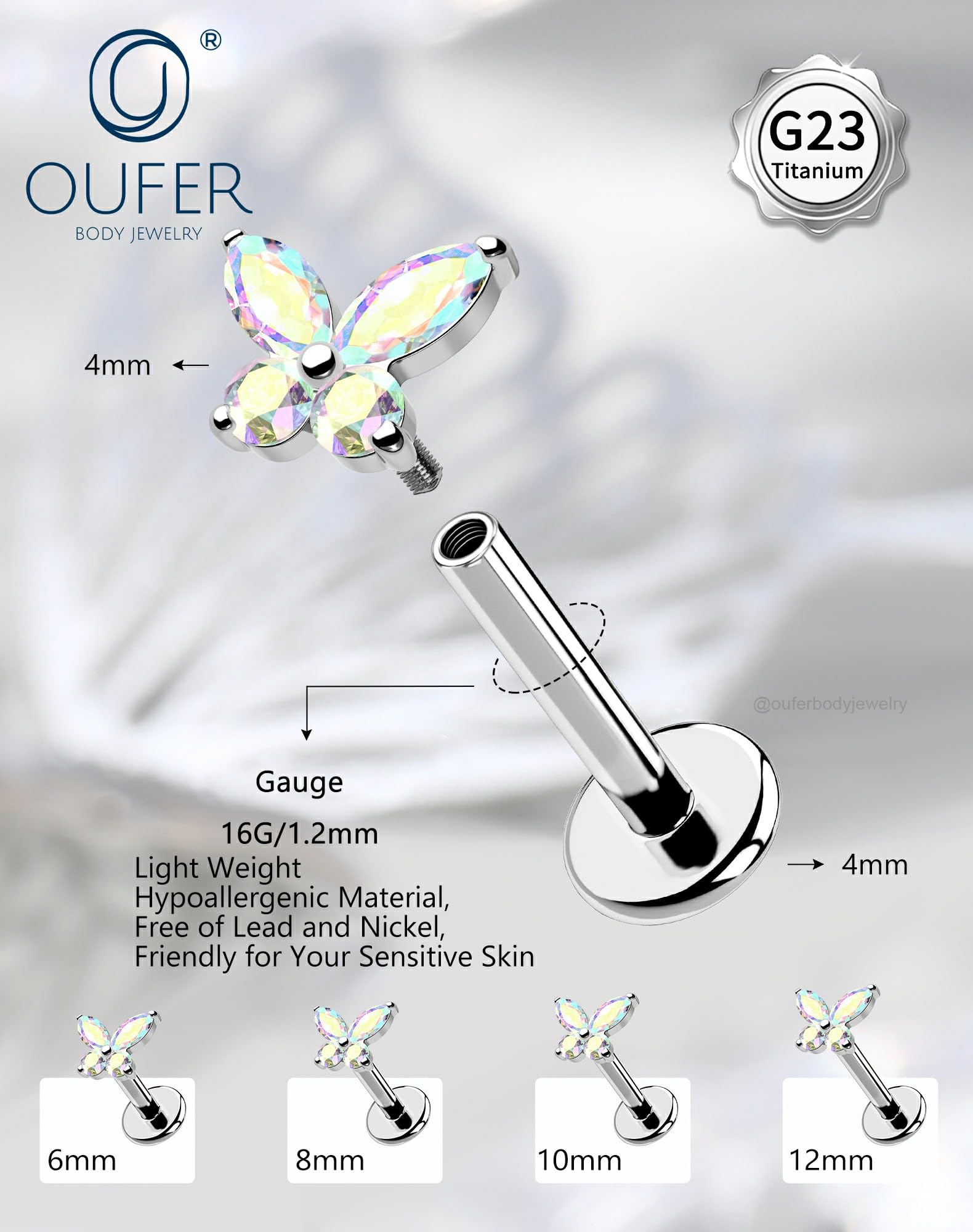 OUFER Body Piercing Labret Earrings: Titanium Lip Stud 16G/1.2mm Internally Threaded Helix Tragus Conch Cartilage Earrings Jewellery Butterfly Medusa Bar 6/8/10/12mm for Women - 4