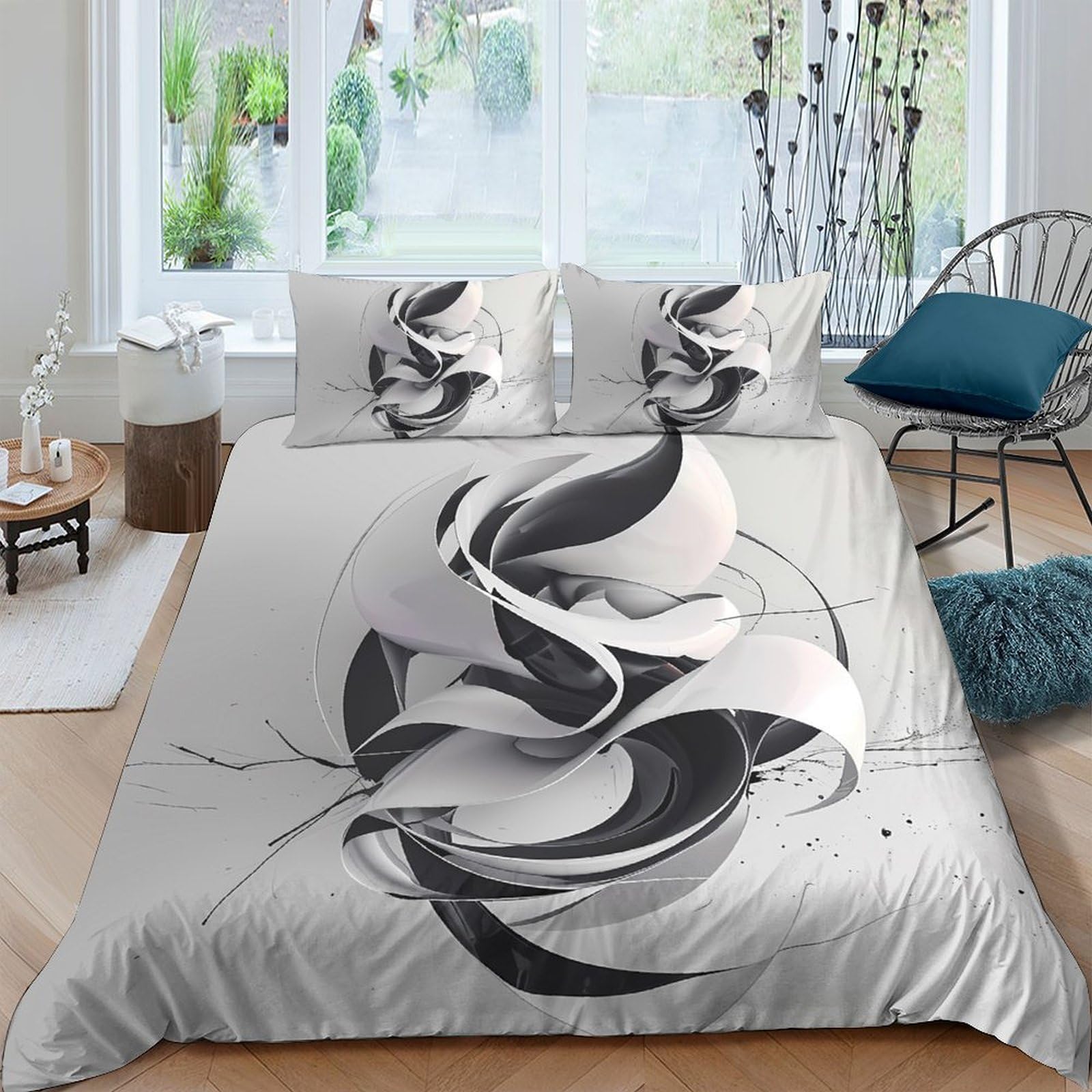 Ctjqhvkz Style-1 3D Printed Abstract Black Swirl Fitted Sheet Microfiber Soft Durable Artistic Grey Bed Cover For Bedroom Guest Room Decor Single（135X200cm）