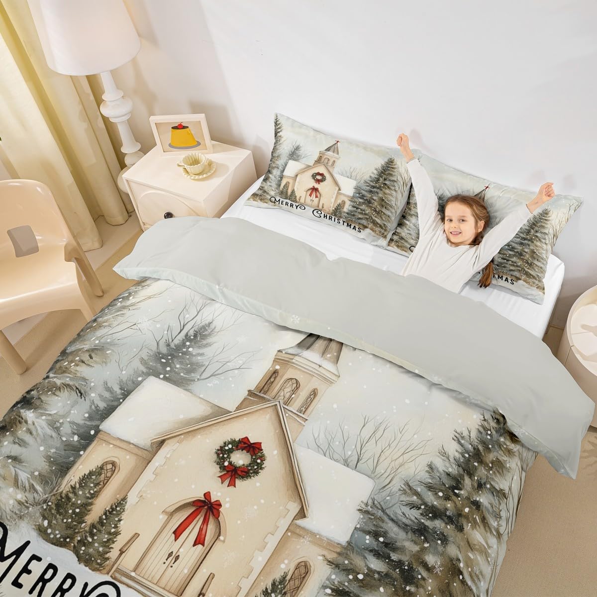 Xmas Duvet Cover King Size,Merry Christmas Bedding Set with 2 Pillowcases,Winter Snow Church Cabin Quilt Cover for Kids Teens Boys Girls,Wild Pine Trees Comforter Cover(No Filler),3 Pcs