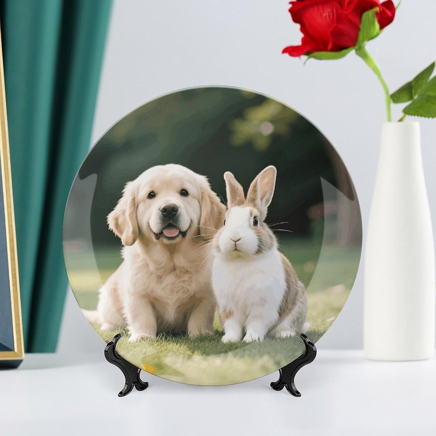 Cat Dog Rabbit Decorative Plates Bone China Plates with Stand for Display 10inch Round Ceramic Dinner Plates Dessert Plate for Kitchen Party Coffee Table Decor Art