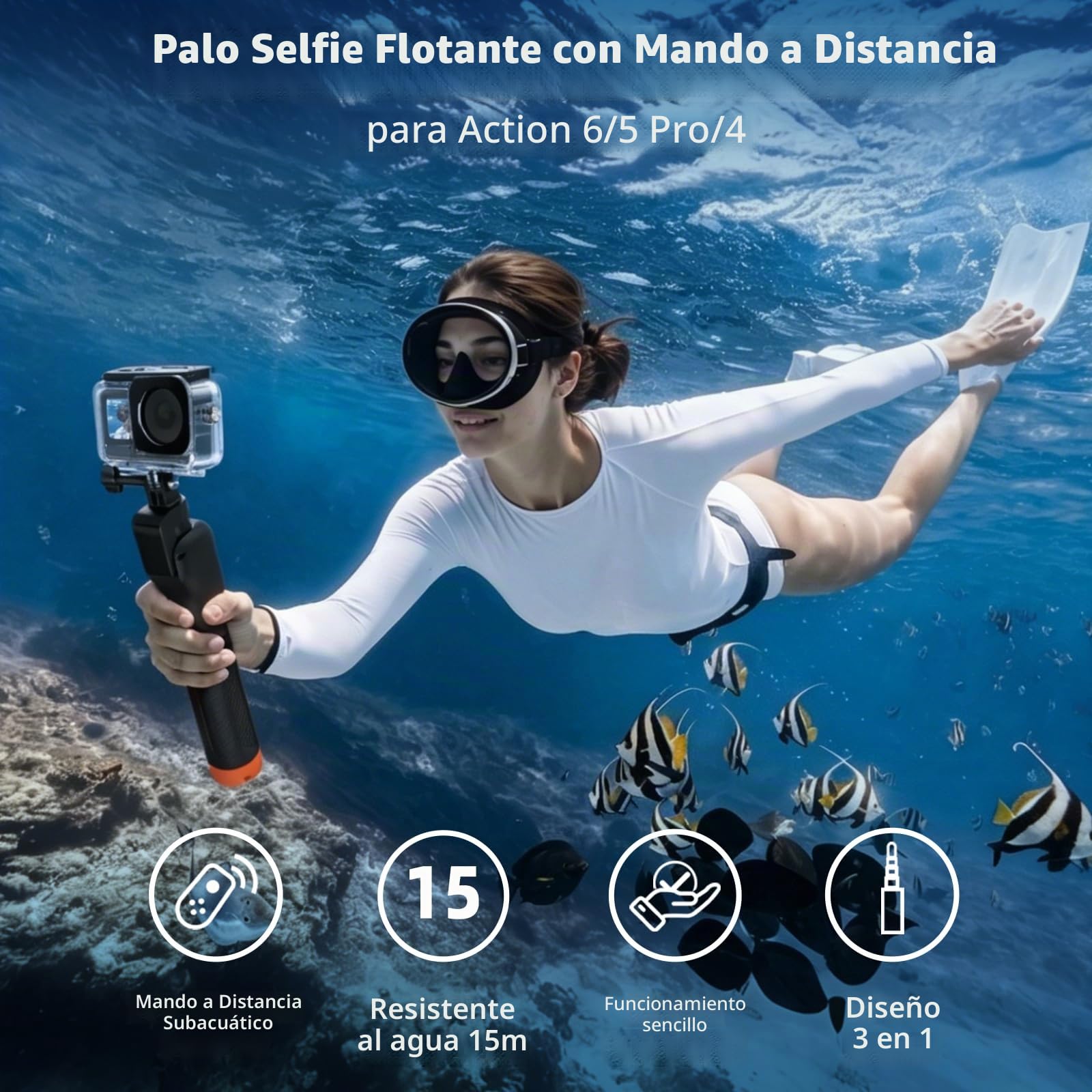 Empuñadura Flotante Selfie Stick trípode Impermeable Extensible Selfie monopod Mango con Mando a Distancia Bluetooth para dji Osmo Action 6 5 Pro 4 Black Action Camera con Amplificador de señal