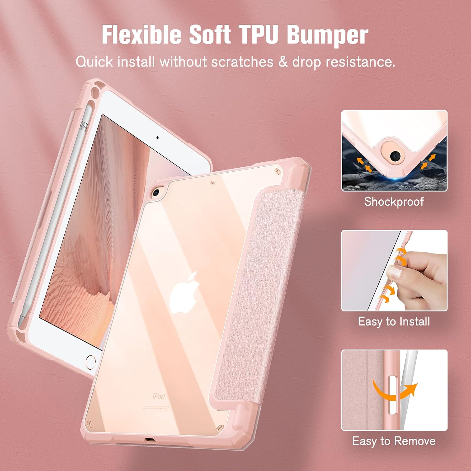 Fintie Hybrid Slim Case for iPad Mini 5th Generation 2019 / iPad Mini 4 (7.9 Inch) - [Built-in Pencil Holder] Shockproof Cover with Clear Transparent Back Shell, Rose Gold - Image 5