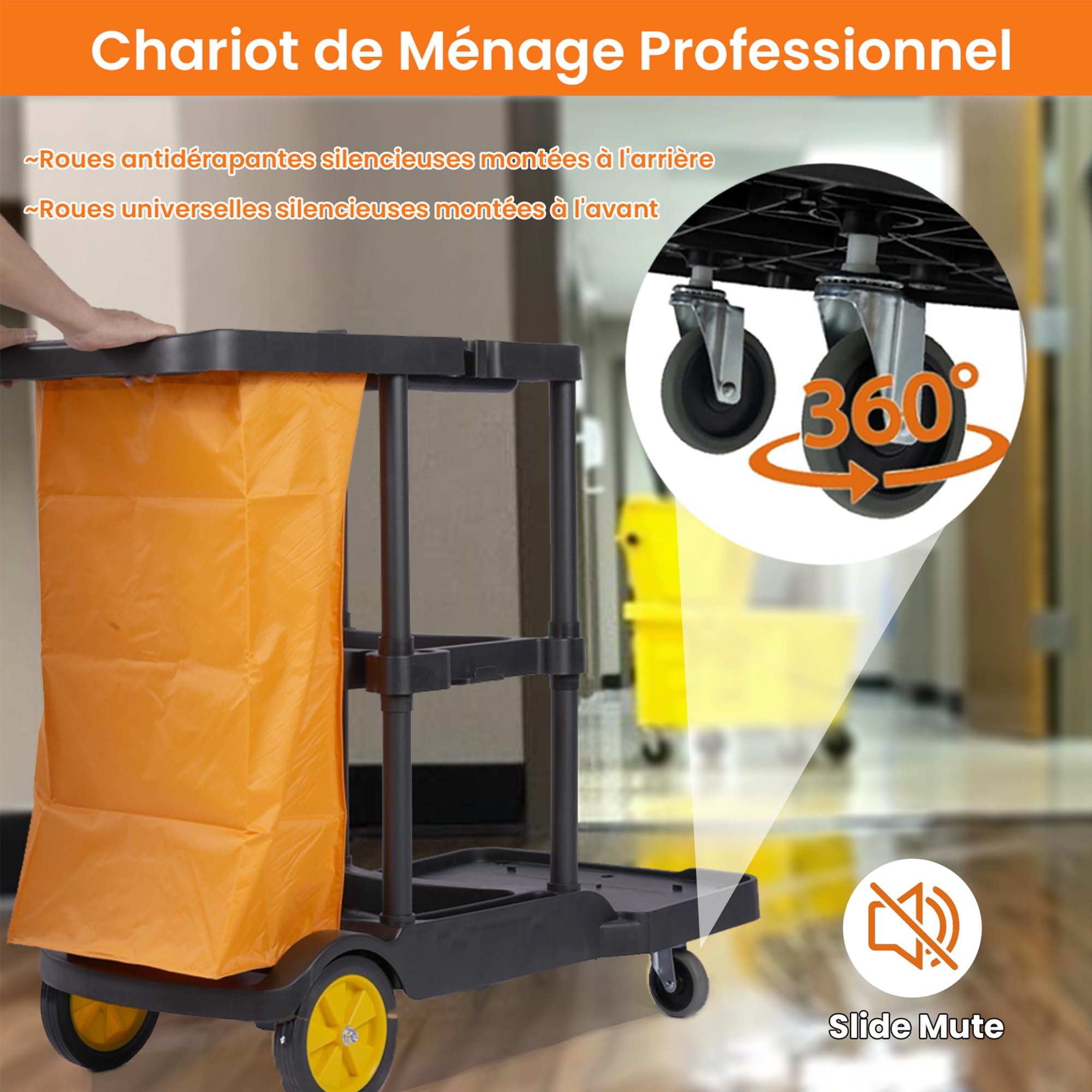 uyoyous Chariot de Ménage Professionnel 3 Niveaux, Chariot de Nettoyage 113 x 56 x 93 cm avec 65 L Sac Déplacement Outil D’Entretien Lavage pour Hôtel Bureau Noir