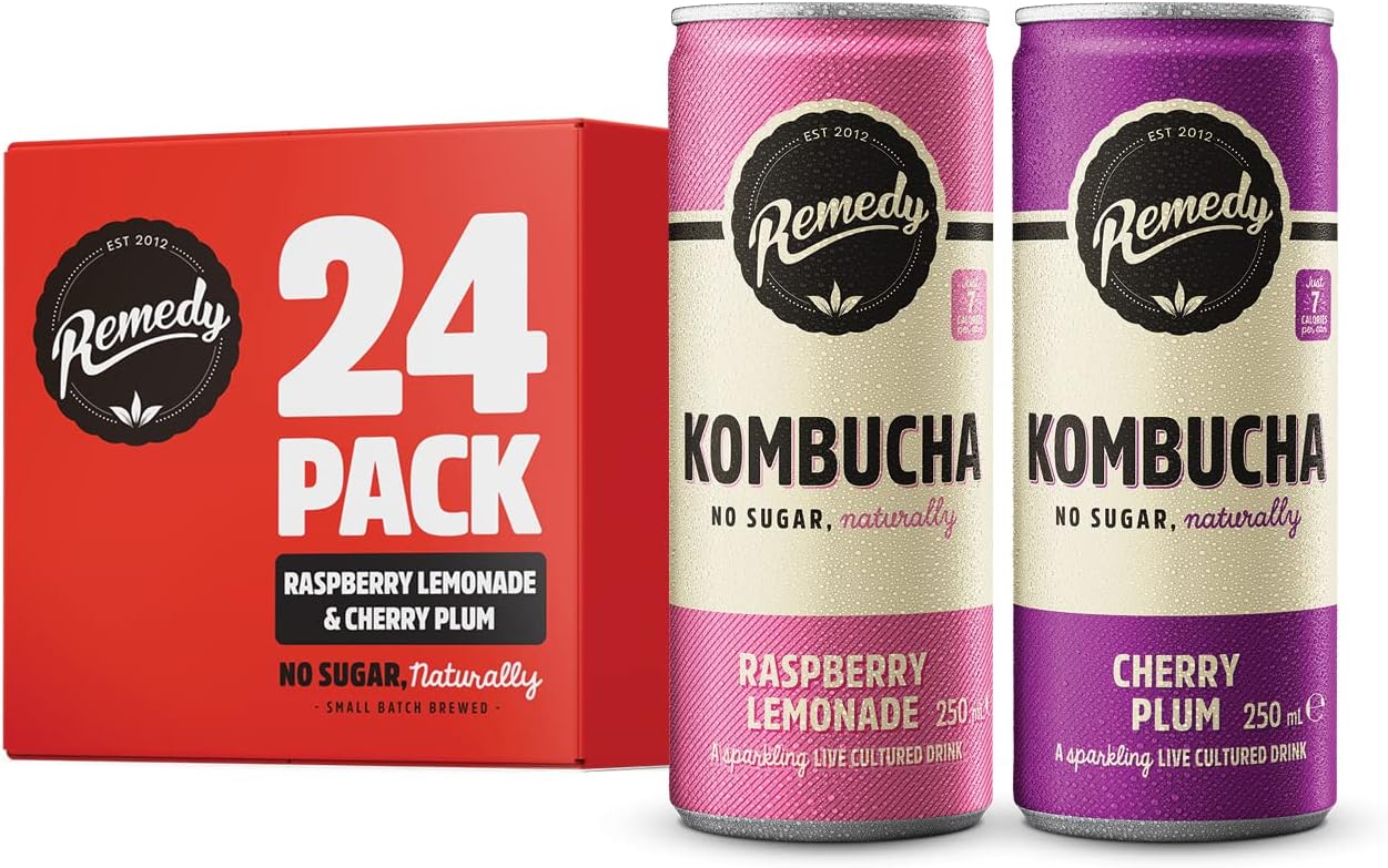 Remedy Kombucha Tea - Raspberry Lemonade & Cherry Plum - Sparkling Live Cultured, Naturally Sugar Free Soft Drink - Prime Probiotic for Gut Health - 24 x 250ml