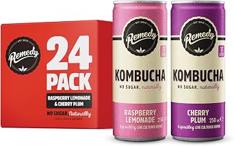 Remedy Kombucha Tea - Raspberry Lemonade & Cherry Plum - Sparkling Live Cultured, Naturally Sugar Free Soft Drink - Prime Probiotic for Gut Health - 24 x 250ml
