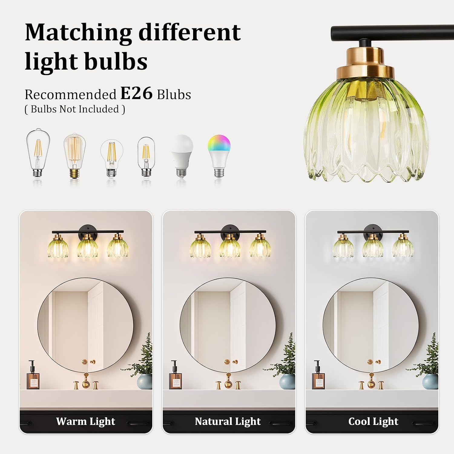TALOYA Bathroom Vanity Light Fixtures, 3-Light Modern Black and Gold Wall Lights Over Mirror with Gradient Green Tulip Glass Shades Bathroom Wall Lamp for Mirror, Living Room,Hallway, Cabinet Porch