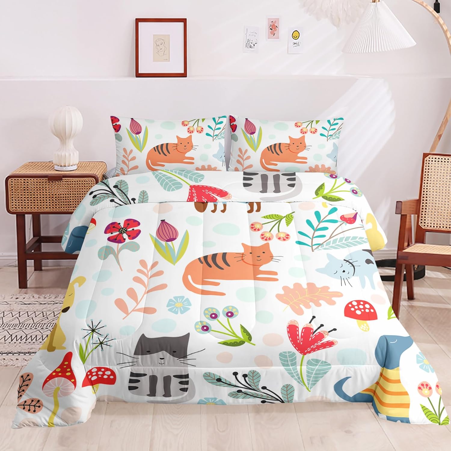BSNTHO Cute Cat Dog Kids Comforter Set, Colorful Floral