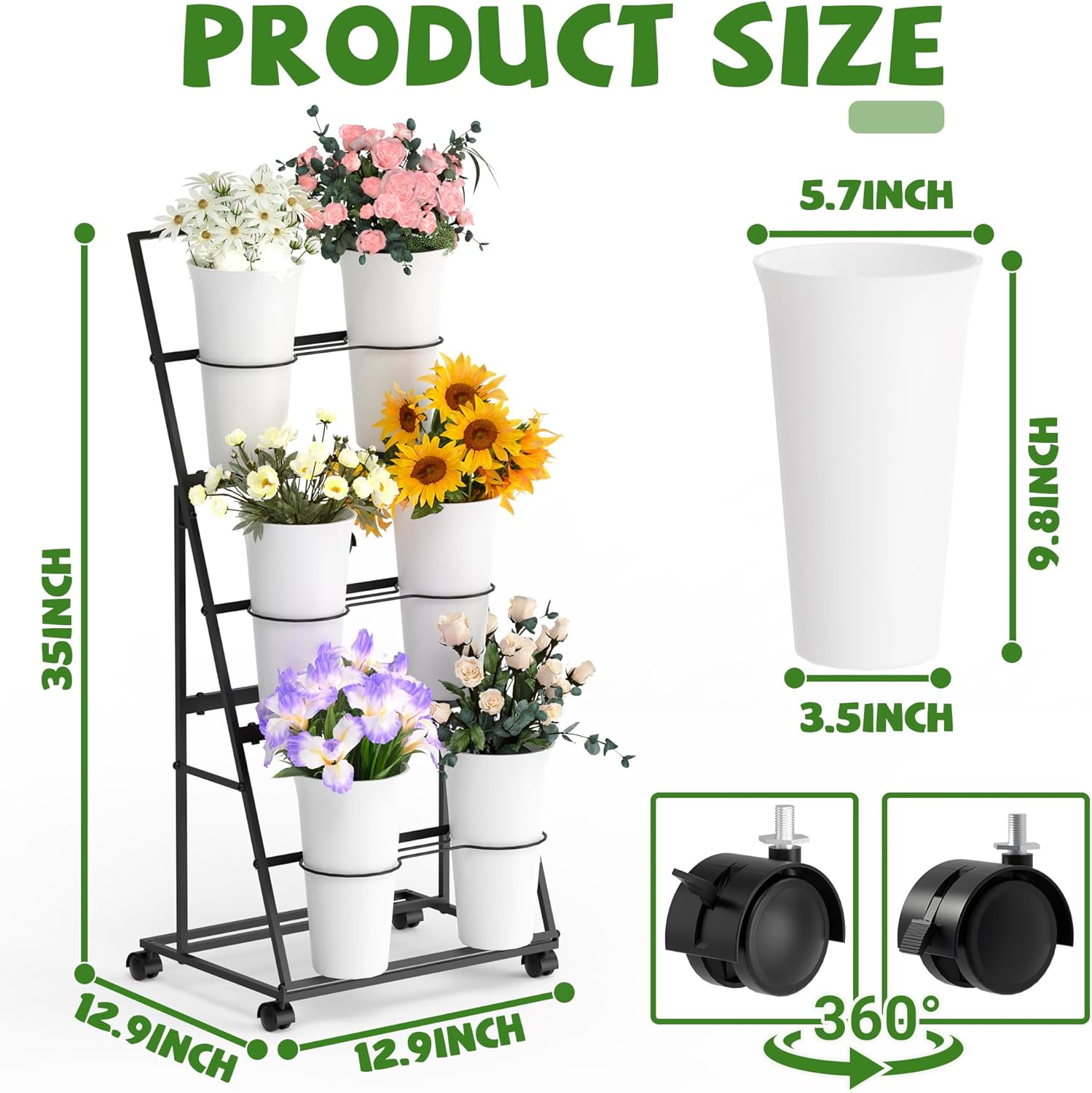 Invech Flower Display Stand with 6 Buckets and Wheels, 3 Tier Flower Cart Display Stand for Indoor Outdoor Garden, Wedding, Flower Shop (Existing Patent)