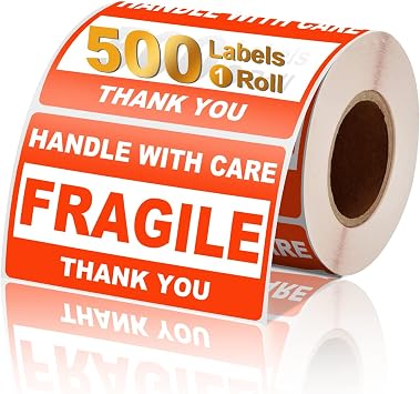 3" x 2" Fragile Stickers for Shipping, Handle with Care Fragile Labels, Strong Adhesive for Moving, Thank You Warning Packing Shipping Label Stickers [500 Labels/1 Roll] | Strong Adhesive for Moving, Thank You Warning, Handle with Care Fragile Labels