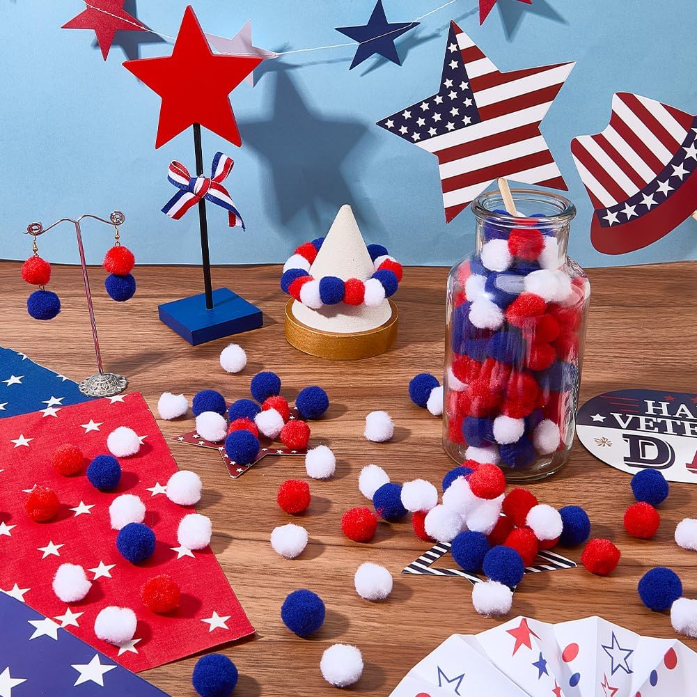 SUNNYCLUE 240Pcs 3 Colors Red White and Blue Pom Pom Balls Patriotic Pom Poms 20mm 4th of July American Independence Day USA Flag Pattern Pompom Ball for Garland Ornaments DIY Home Party Holiday Favor